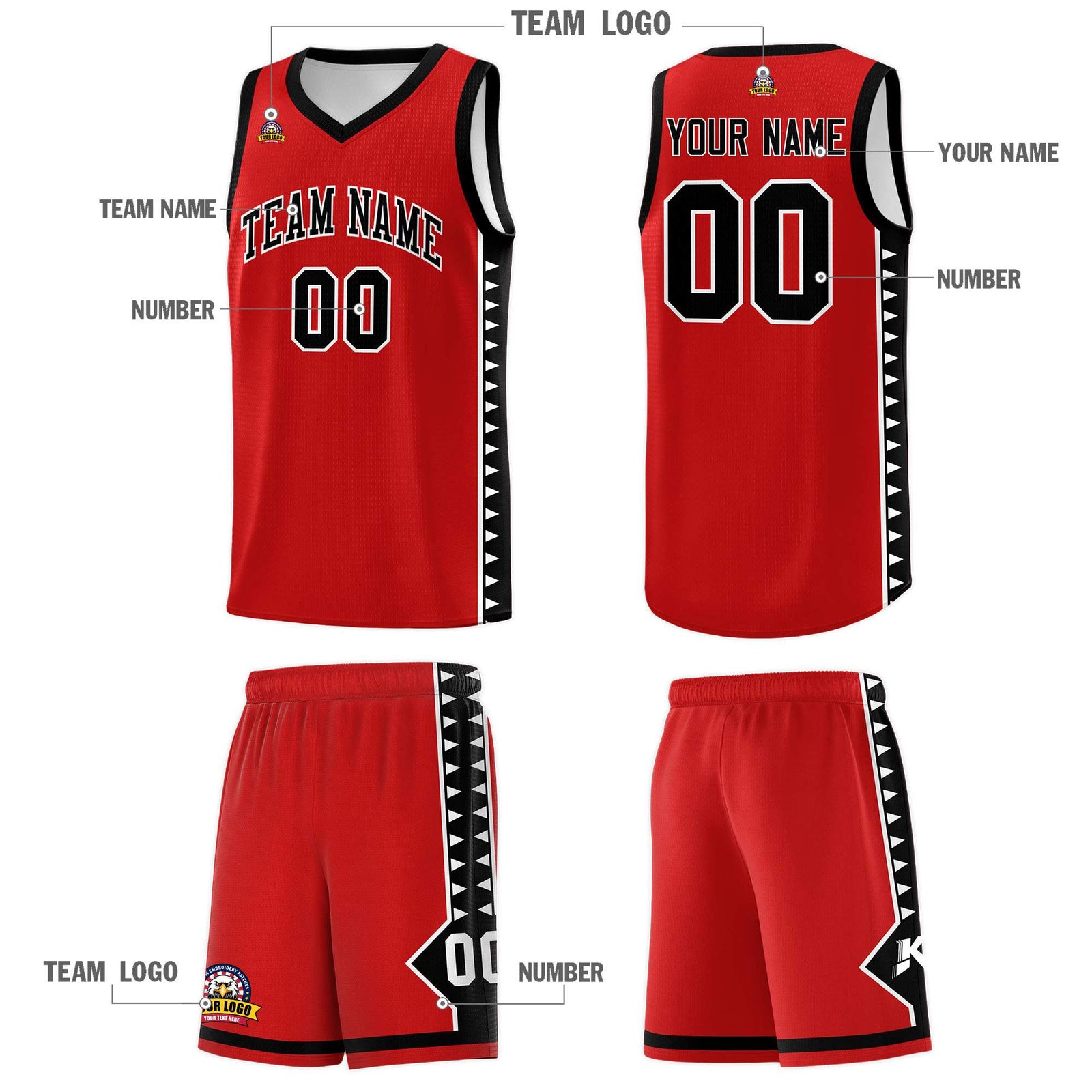 Custom Red Black Basketball Kits With Side Zigzag Pattern