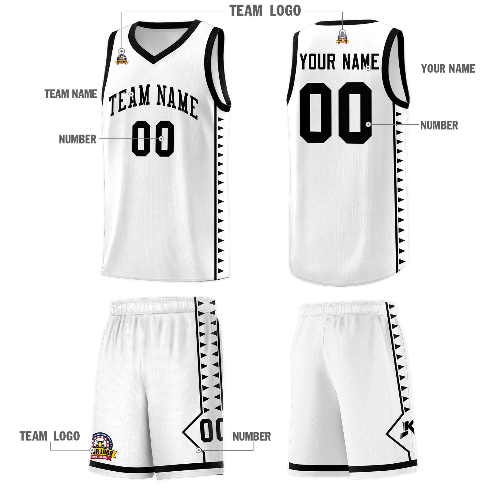 Custom White Black Basketball Kits With Side Zigzag Pattern