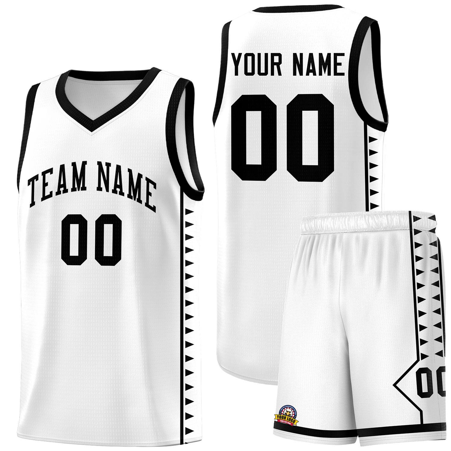 Custom White Black Basketball Kits With Side Zigzag Pattern