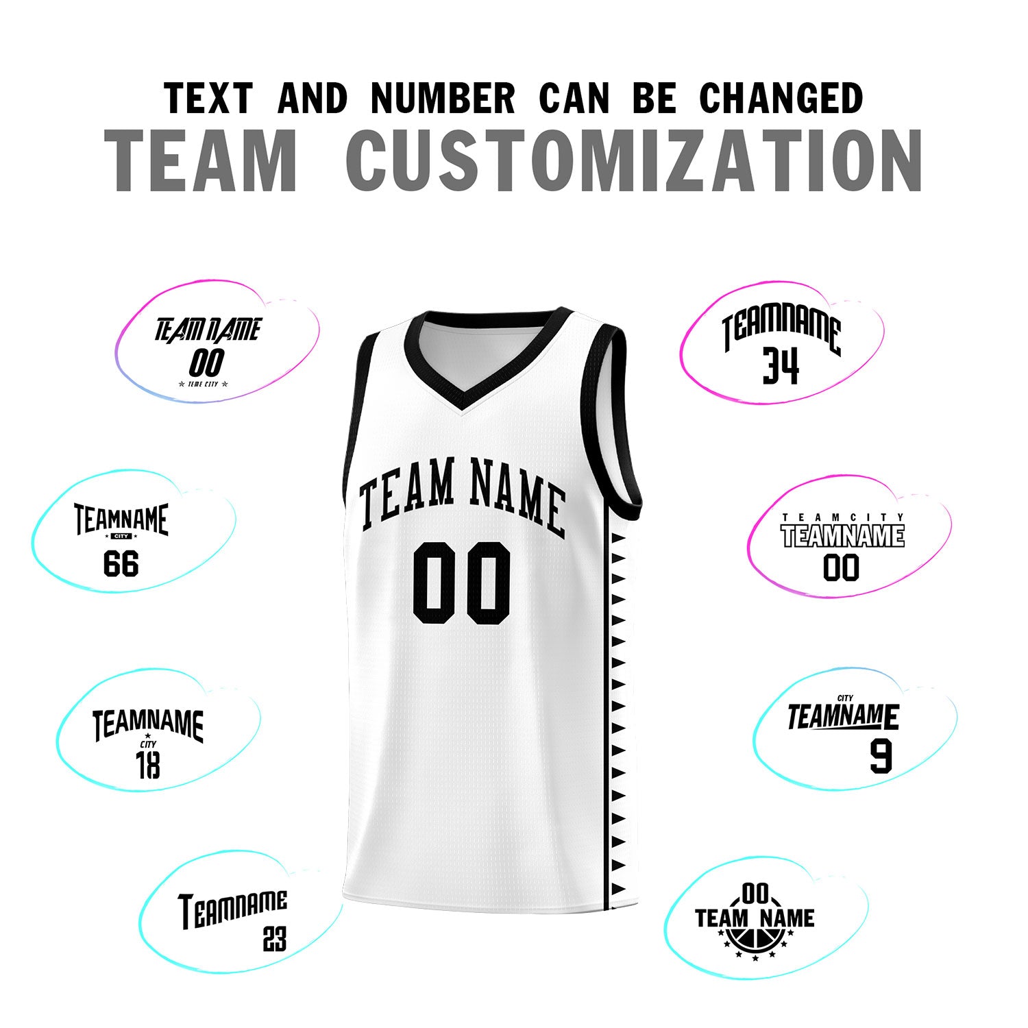 Custom White Black Basketball Kits With Side Zigzag Pattern