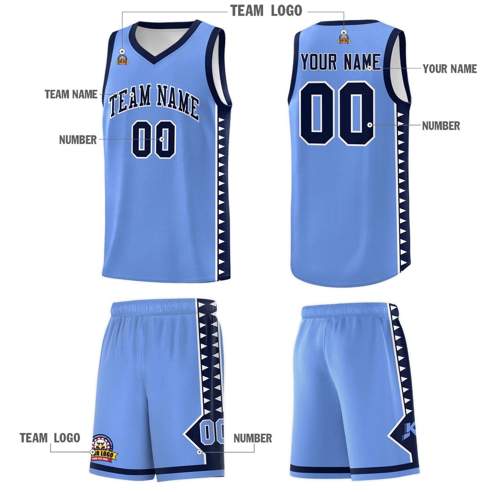 Custom Light Blue Navy Basketball Kits With Side Zigzag Pattern