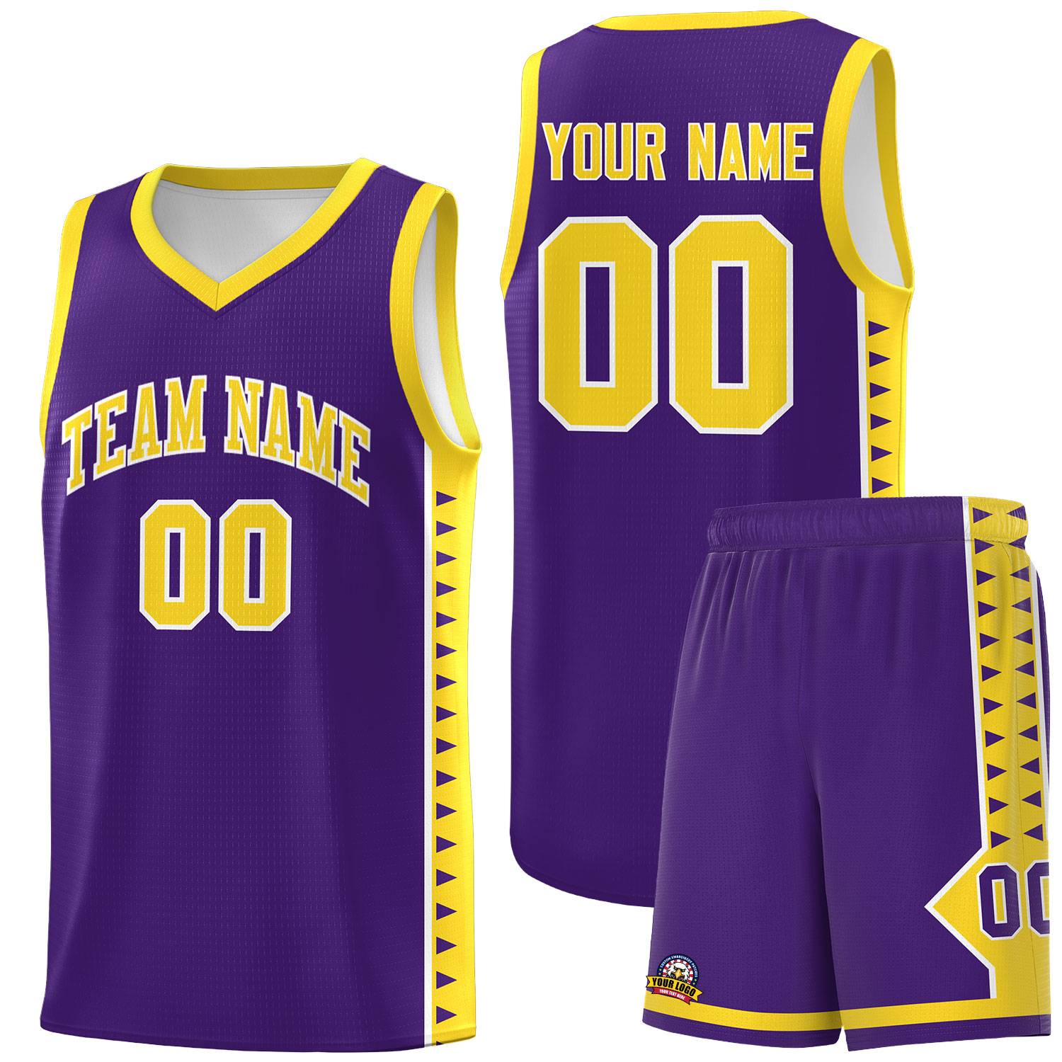 Custom Purple Gold Basketball Kits With Side Zigzag Pattern