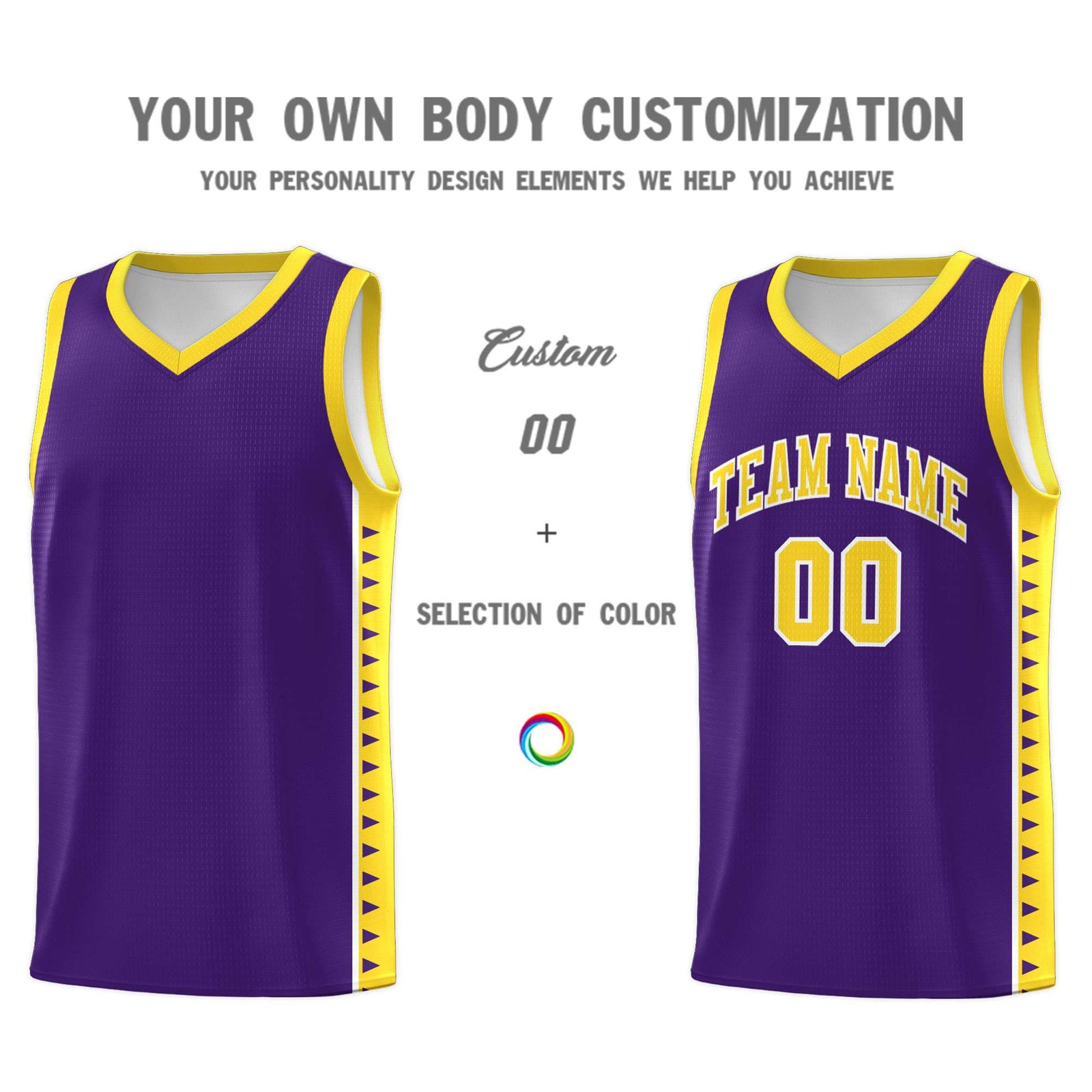 Custom Purple Gold Basketball Kits With Side Zigzag Pattern
