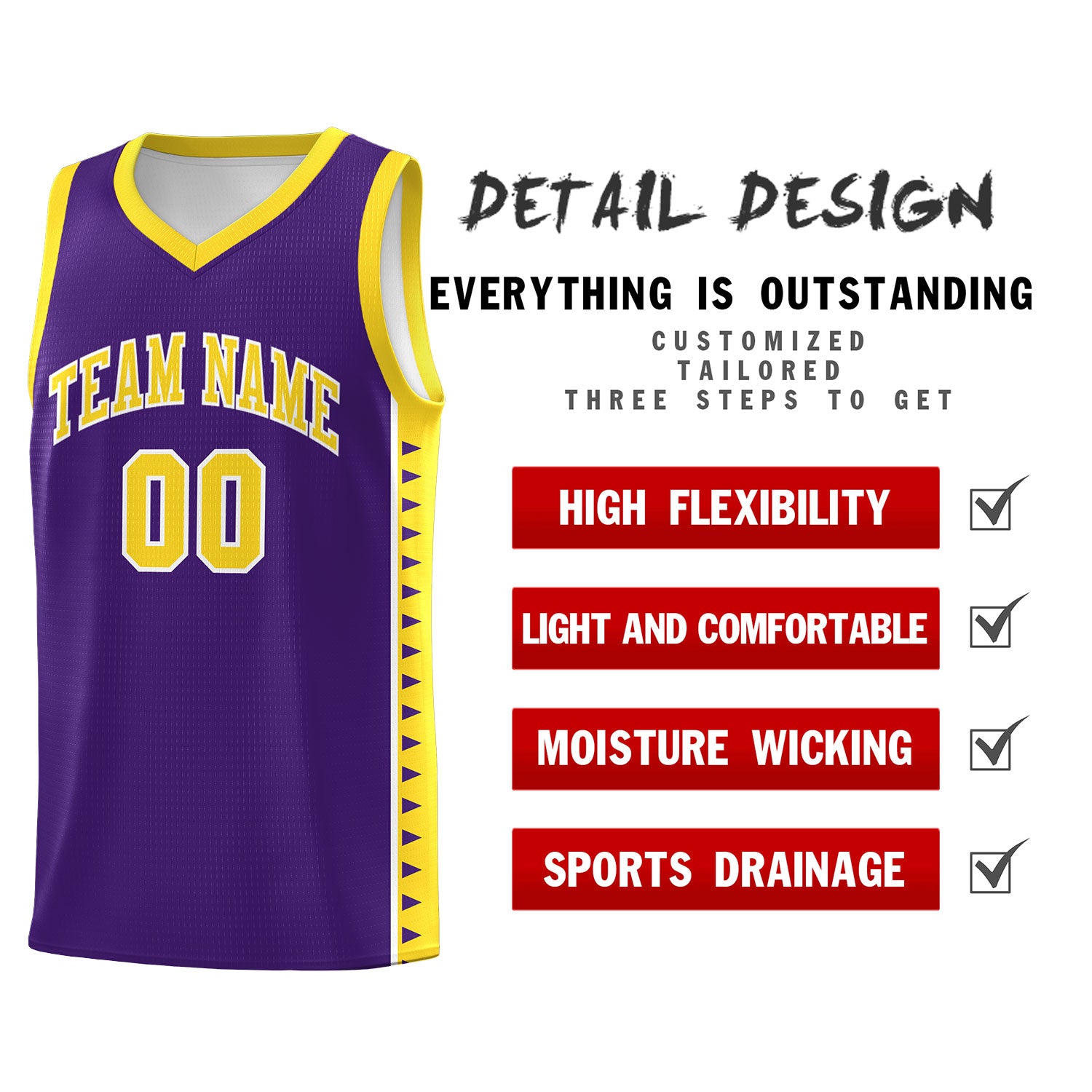 Custom Purple Gold Basketball Kits With Side Zigzag Pattern