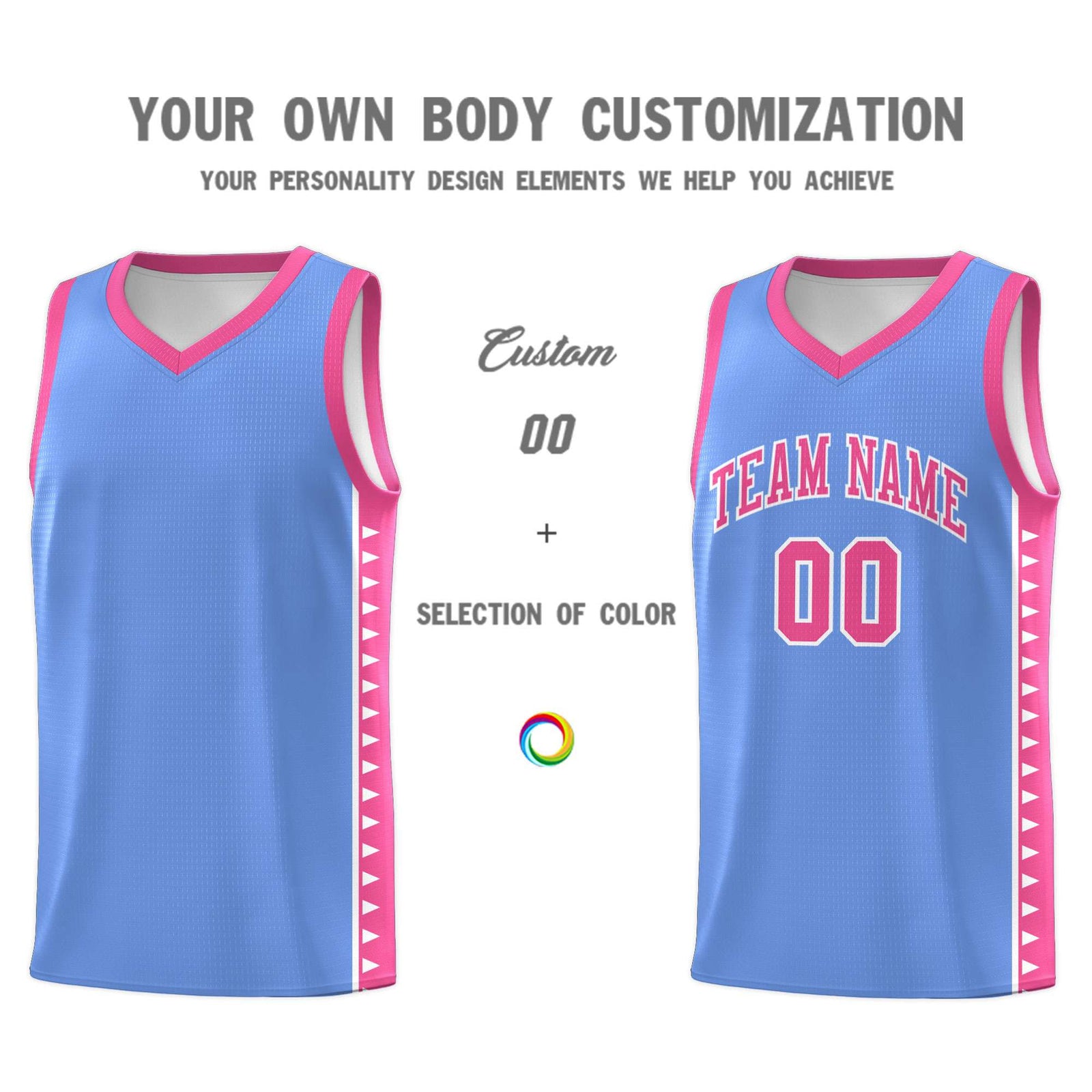 Custom Light Blue Pink Basketball Kits With Side Zigzag Pattern