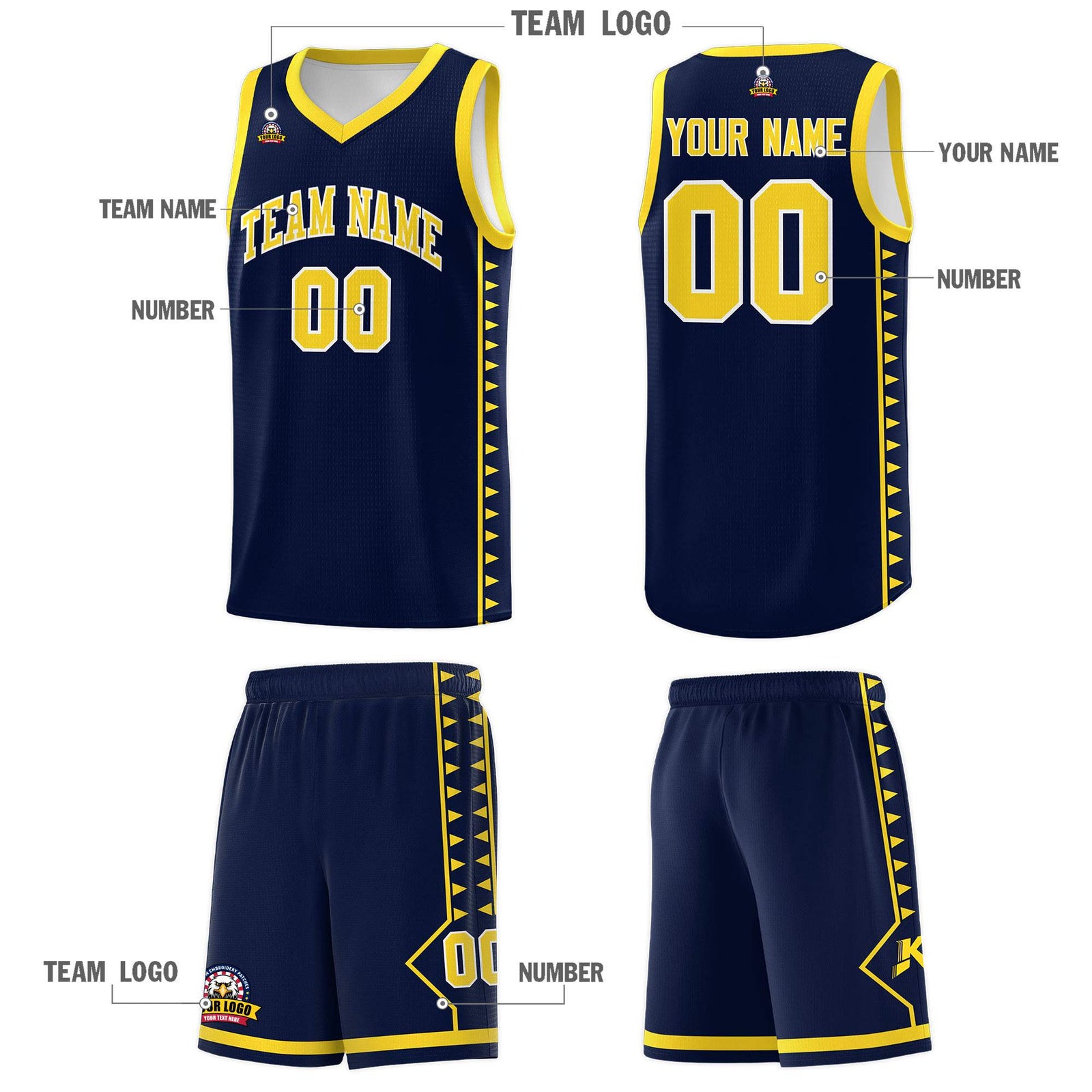 Custom Navy Gold Basketball Kits With Side Zigzag Pattern