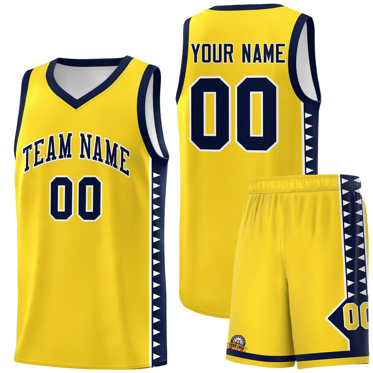 Custom Gold Navy Basketball Kits With Side Zigzag Pattern