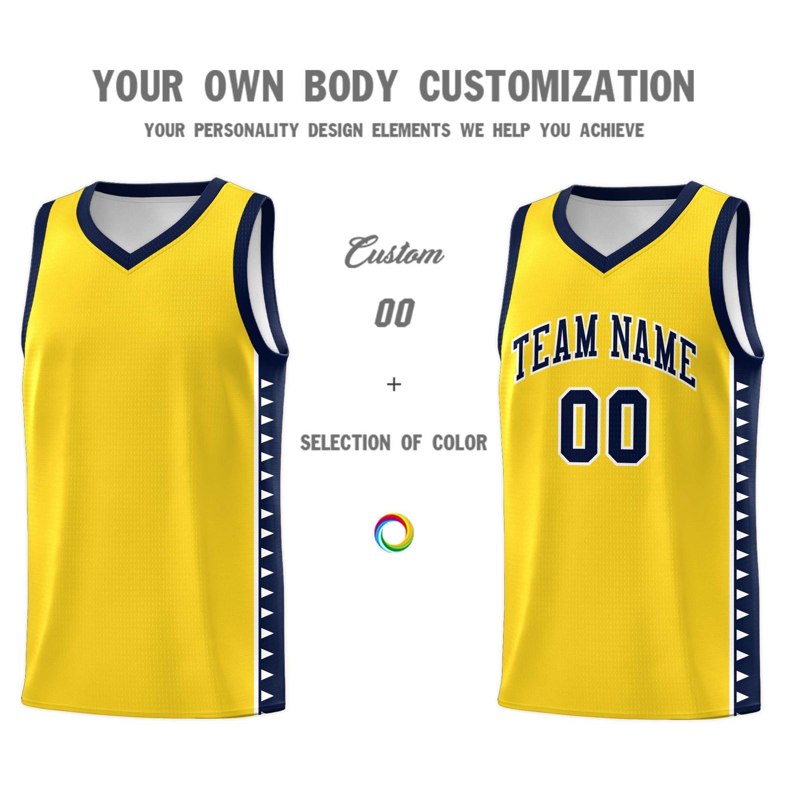 Custom Gold Navy Basketball Kits With Side Zigzag Pattern