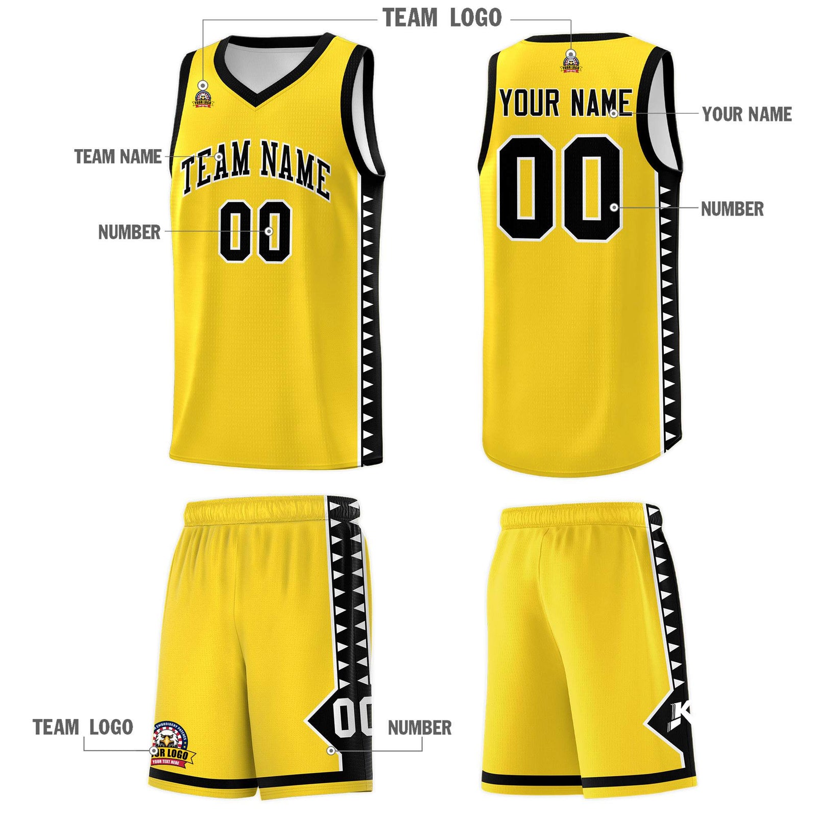 Custom Gold Black Basketball Kits With Side Zigzag Pattern
