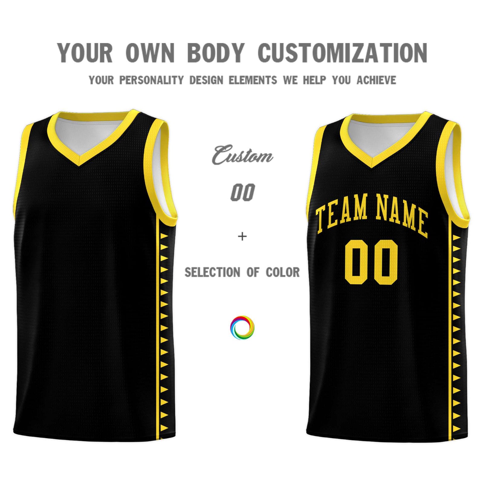 Custom Black Gold Basketball Kits With Side Zigzag Pattern
