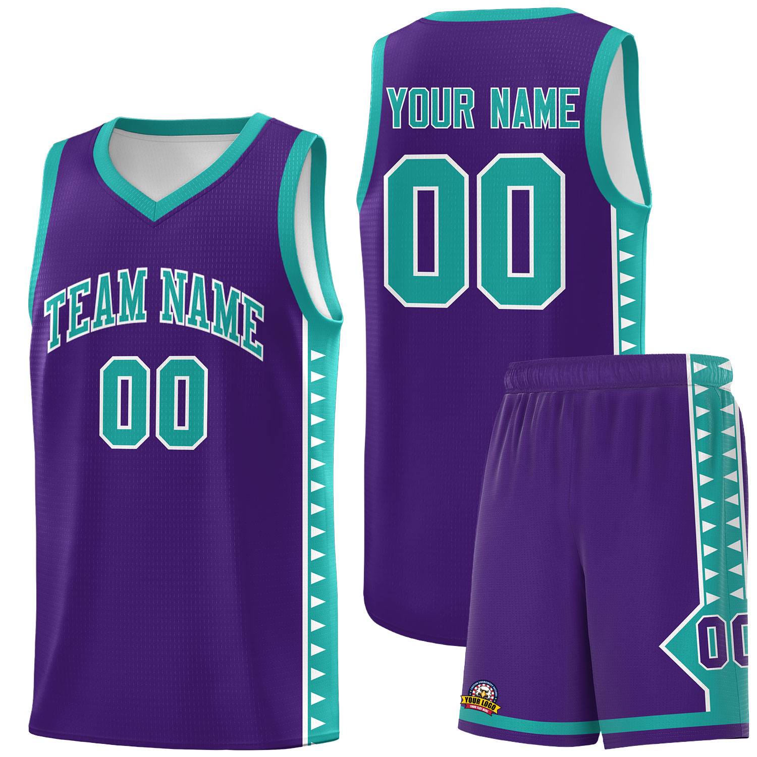 Custom Purple Aqua Basketball Kits With Side Zigzag Pattern