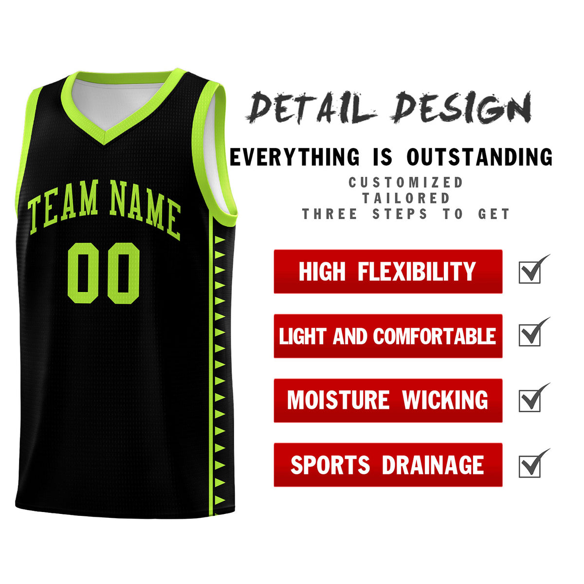 Custom Black Neon Green Basketball Kits With Side Zigzag Pattern