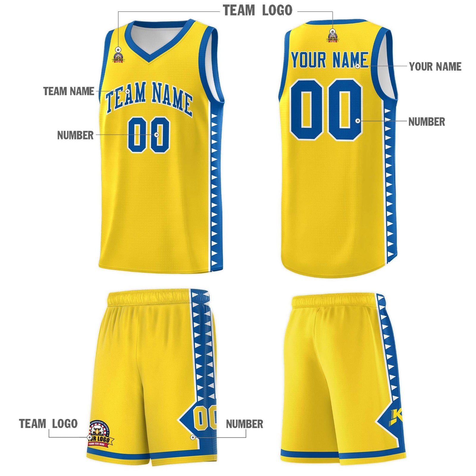 Custom Gold Royal Basketball Kits With Side Zigzag Pattern
