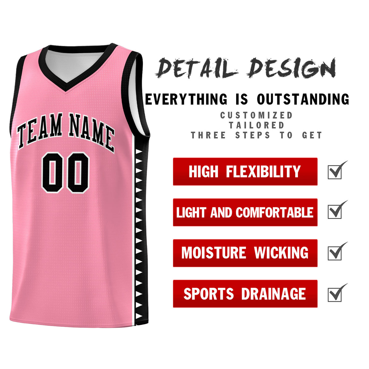 Custom Light Pink Black Basketball Kits With Side Zigzag Pattern