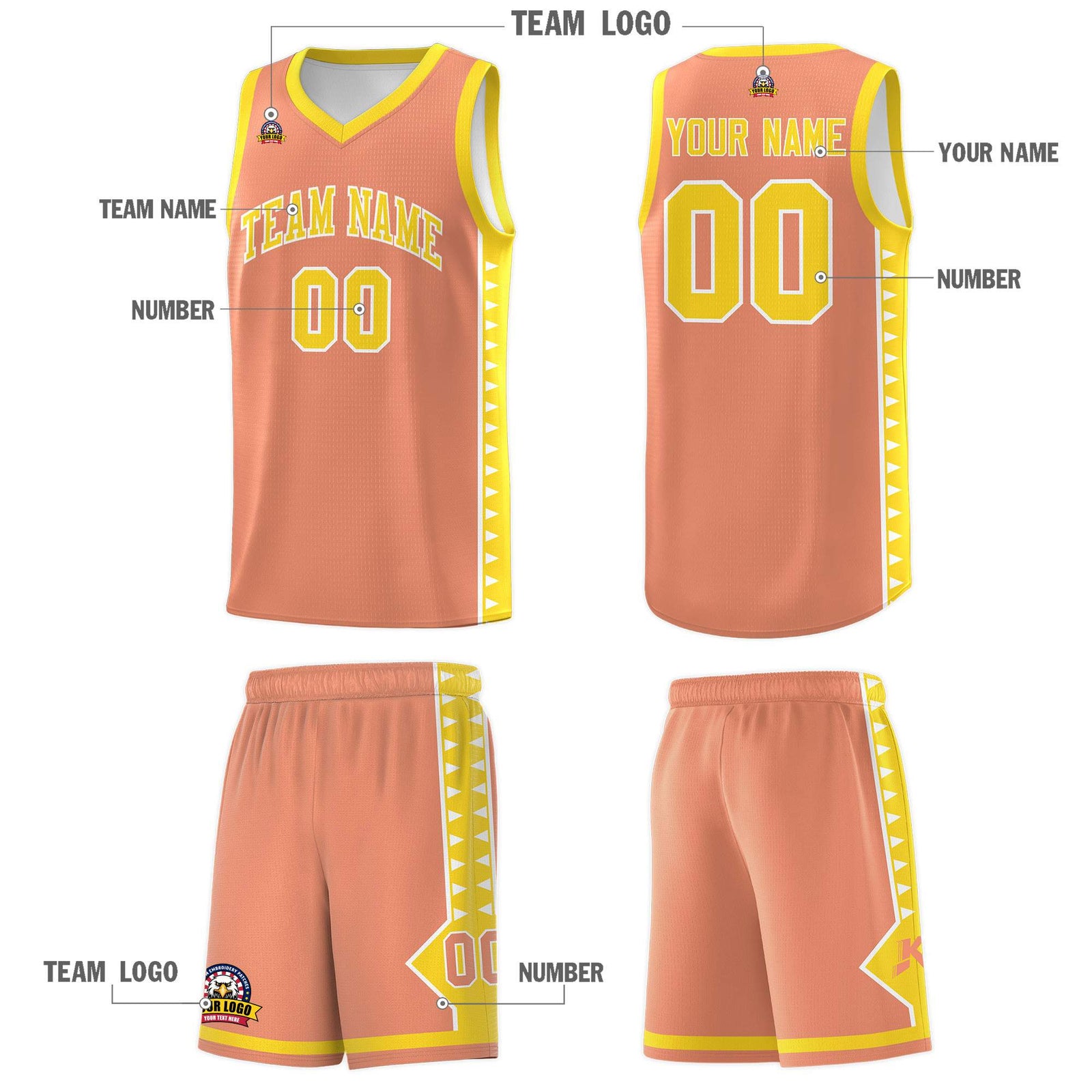 Custom Light Orange Gold Basketball Kits With Side Zigzag Pattern