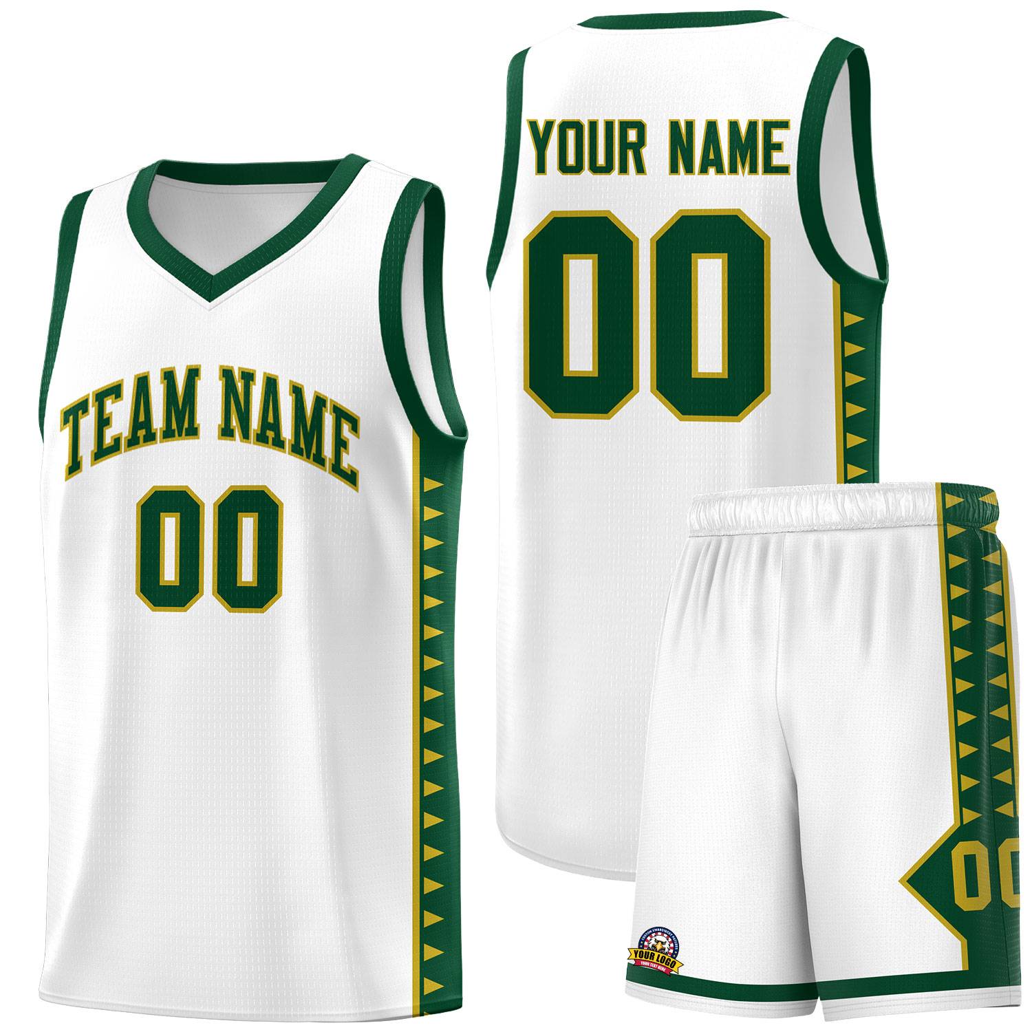 Custom White Green Basketball Kits With Side Zigzag Pattern