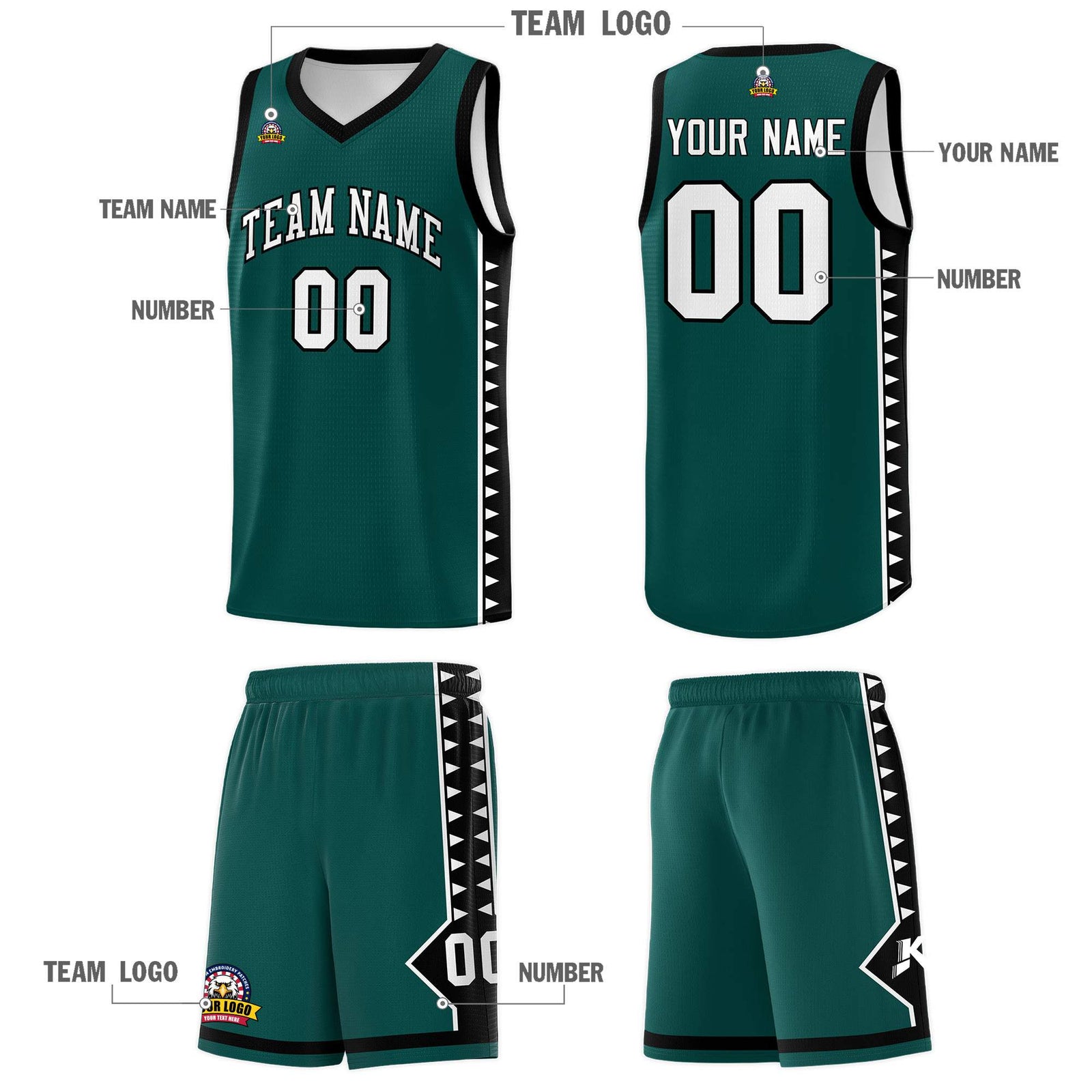 Custom Midnight Green Black Basketball Kits With Side Zigzag Pattern