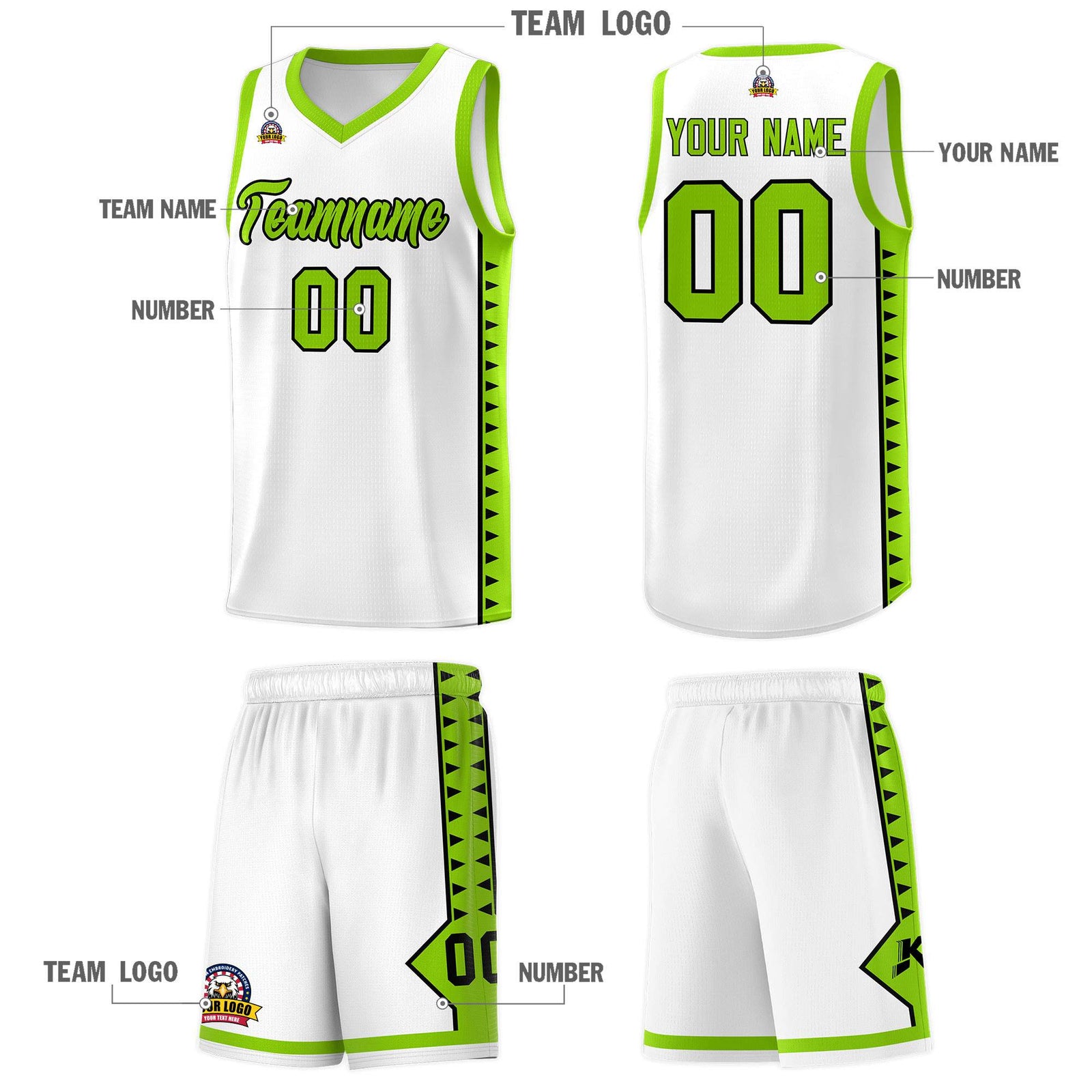 Custom White Neon Green Basketball Kits With Side Zigzag Pattern