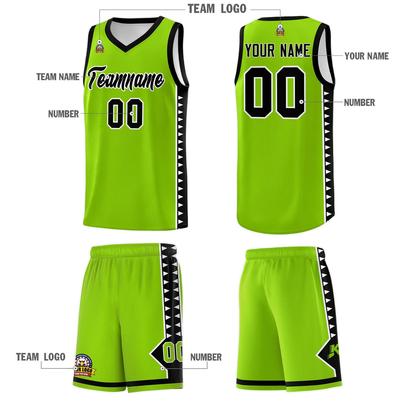 Custom Neon Green Black Basketball Kits With Side Zigzag Pattern