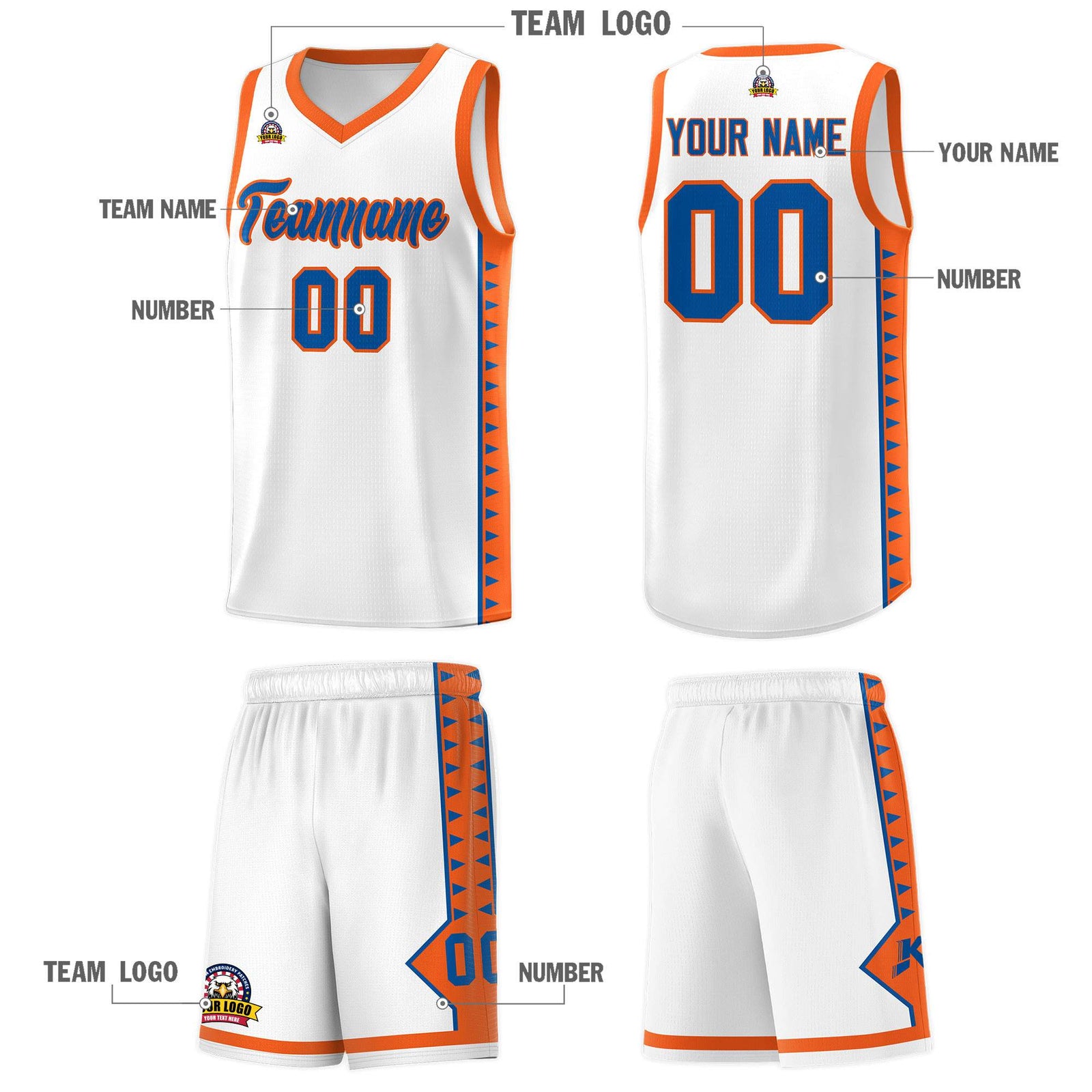Custom White Orange Basketball Kits With Side Zigzag Pattern