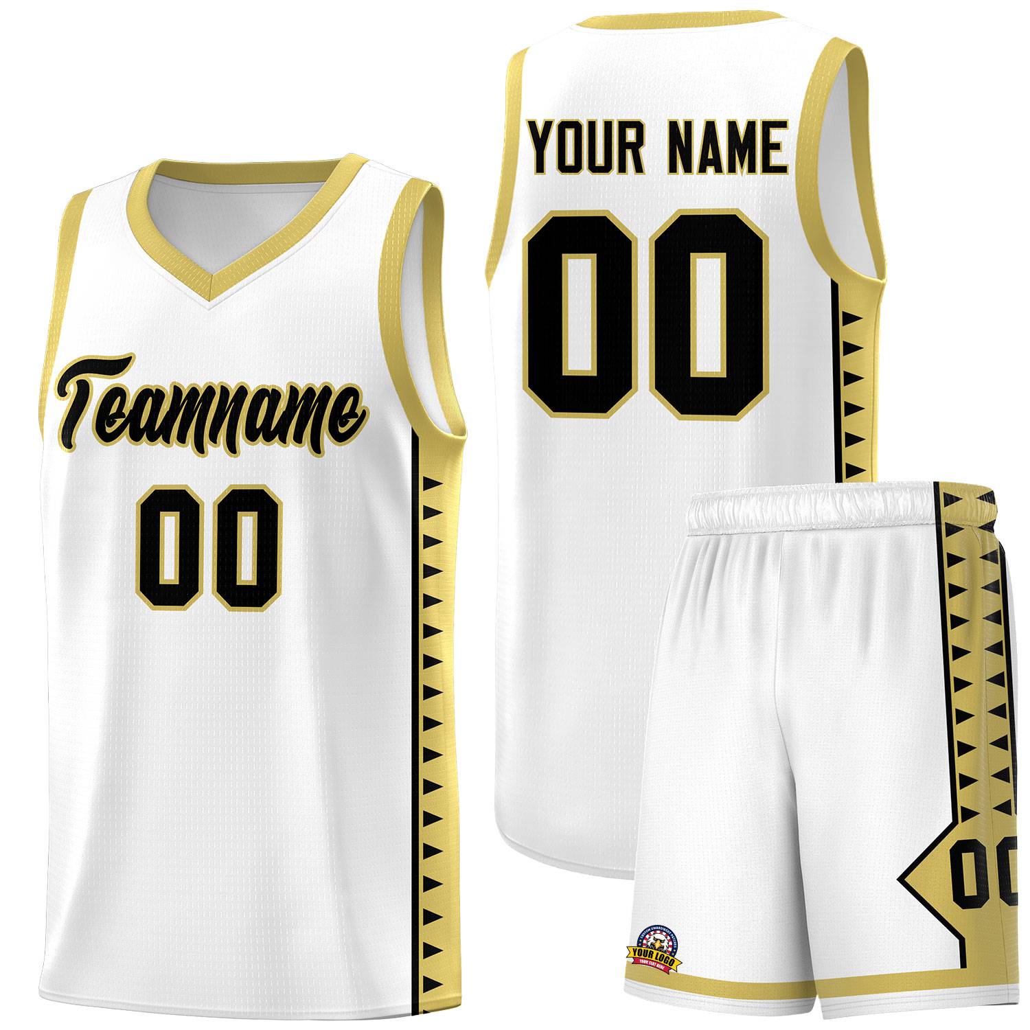 Custom White Old Gold Basketball Kits With Side Zigzag Pattern