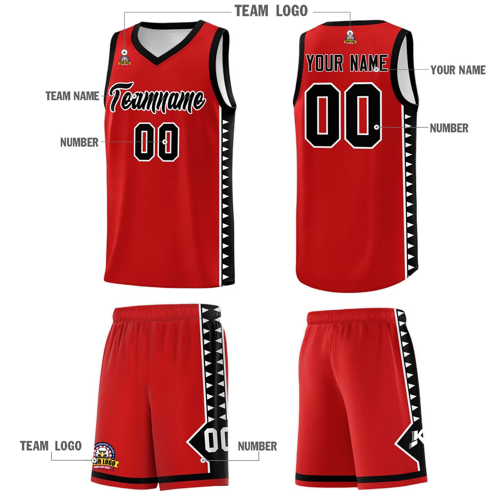Custom Red Black Basketball Kits With Side Zigzag Pattern