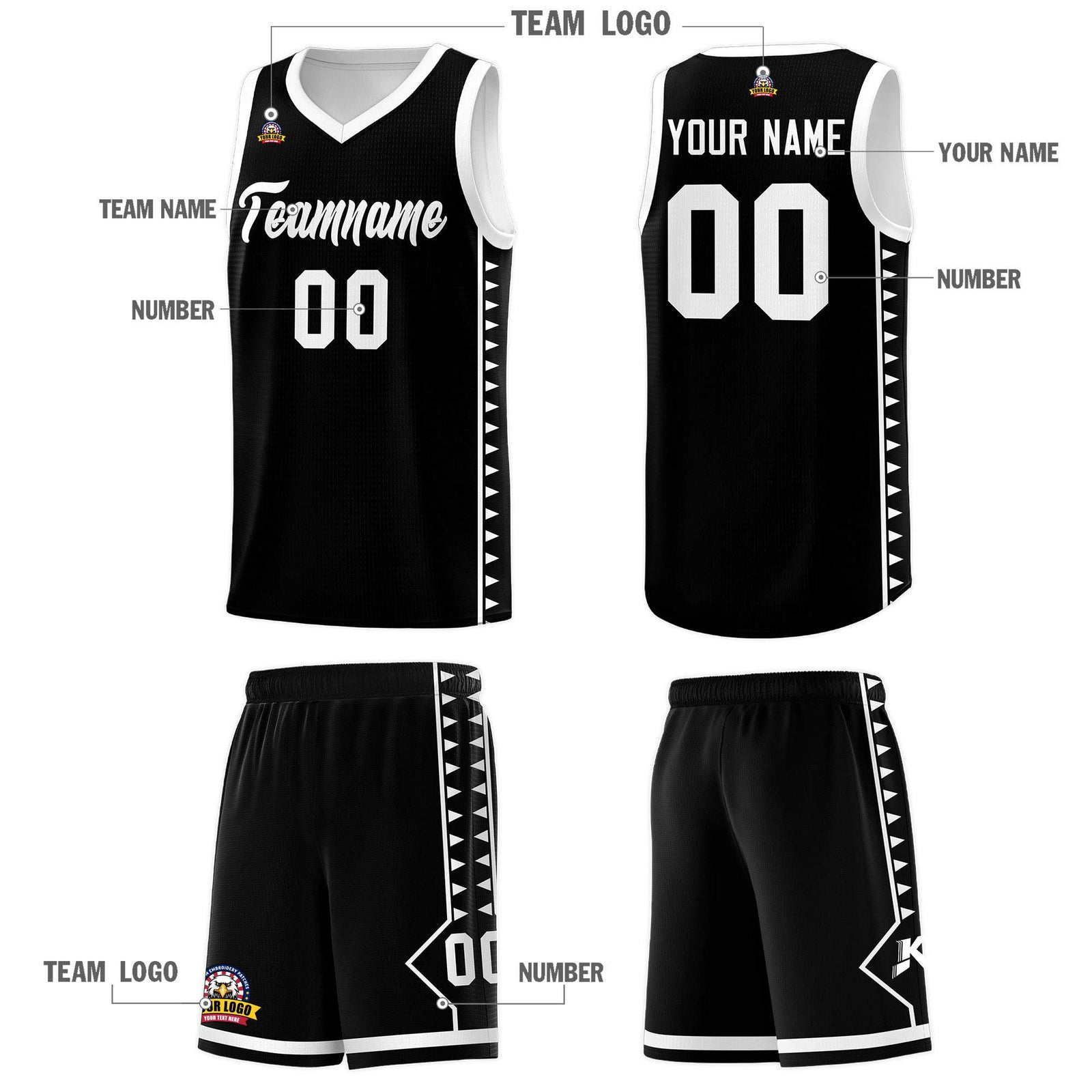 Custom Black White Basketball Kits With Side Zigzag Pattern