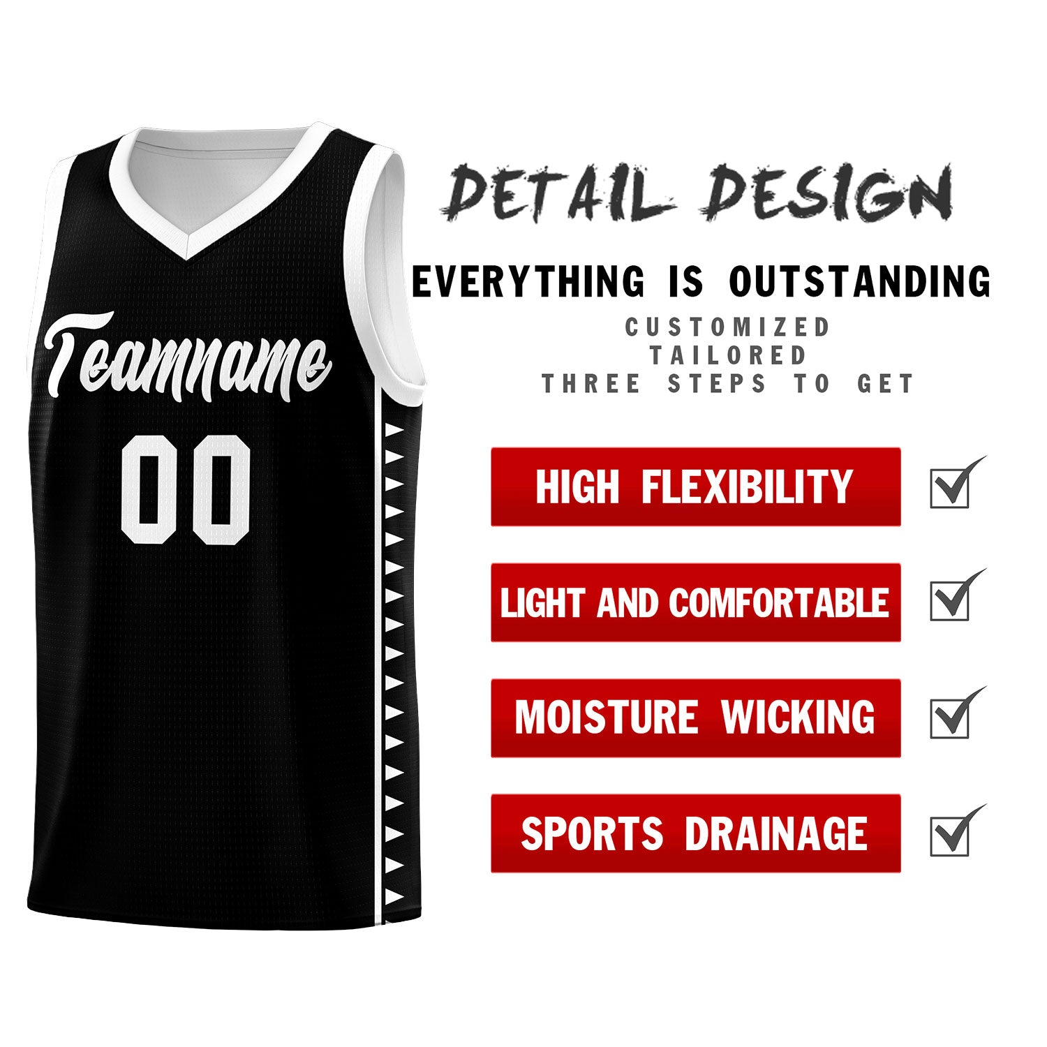 Custom Black White Basketball Kits With Side Zigzag Pattern