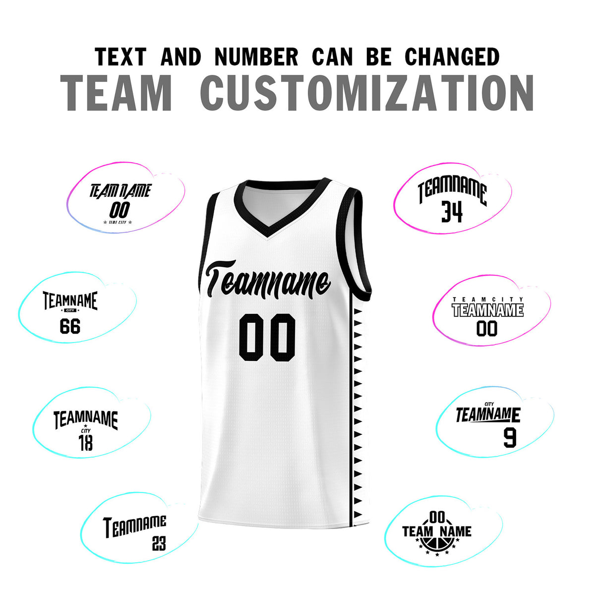 Custom White Black Basketball Kits With Side Zigzag Pattern