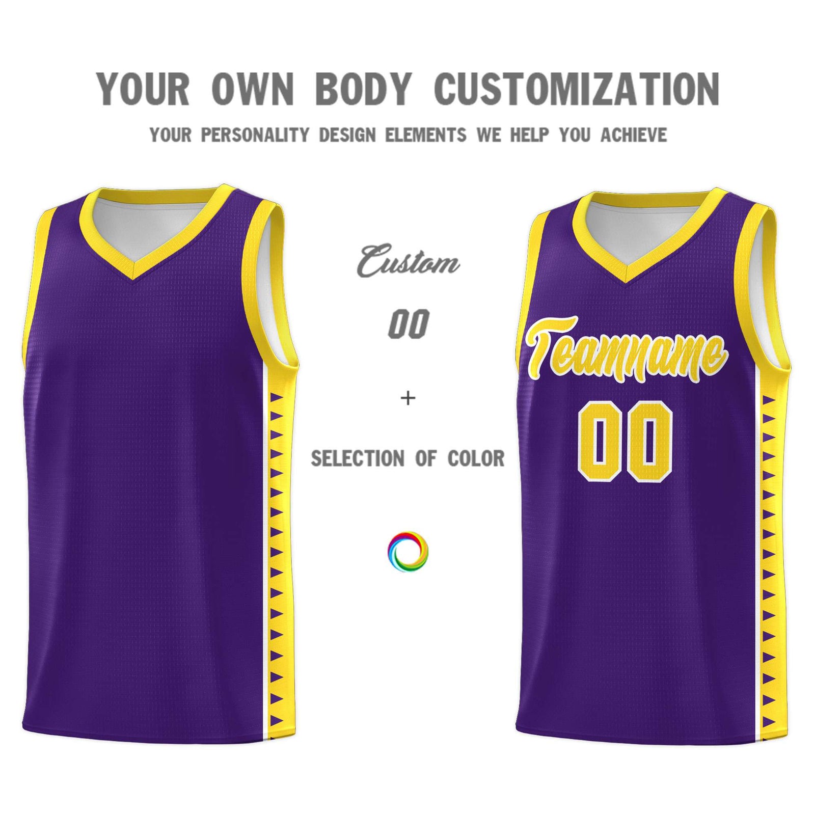 Custom Purple Gold Basketball Kits With Side Zigzag Pattern