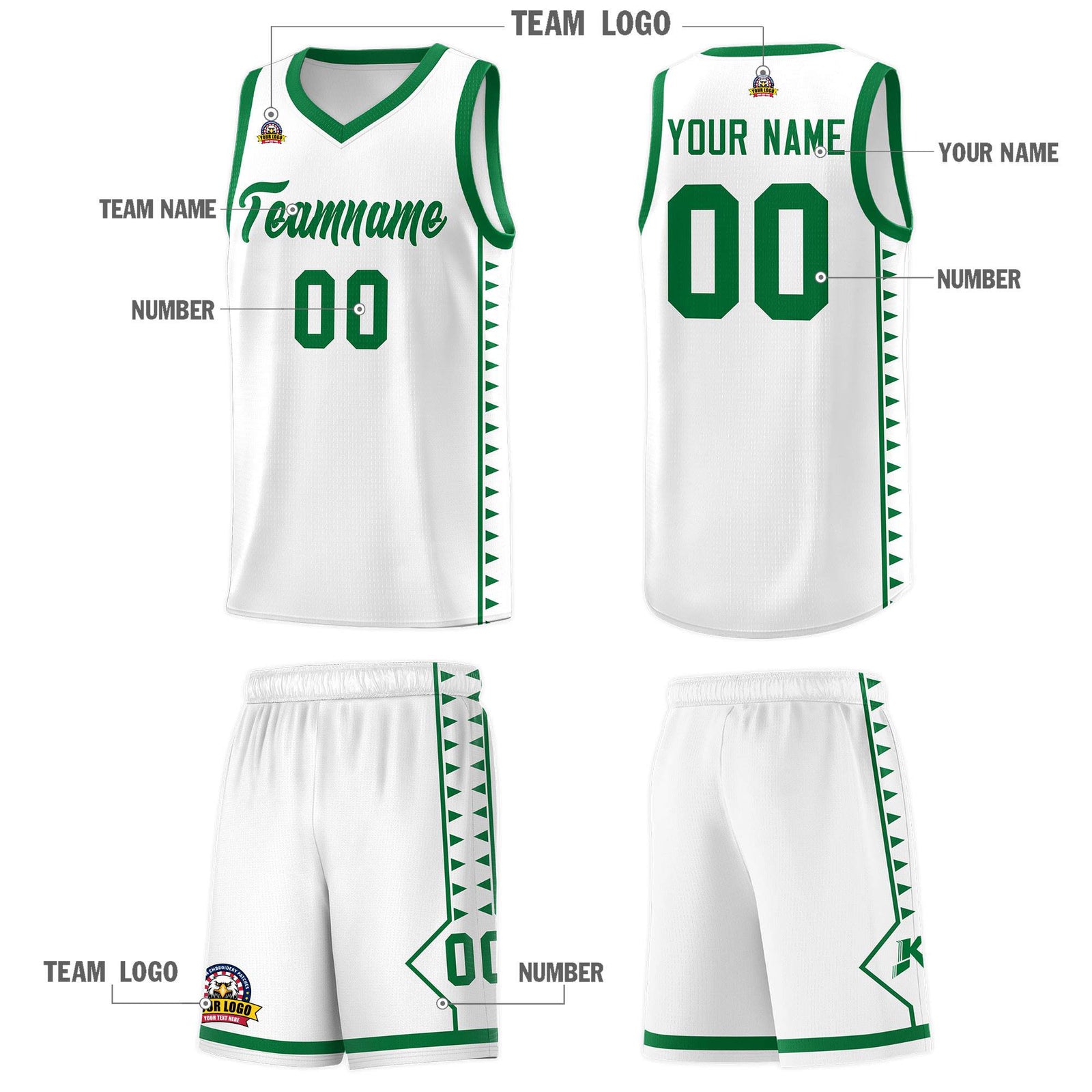 Custom White Kelly Green Basketball Kits With Side Zigzag Pattern