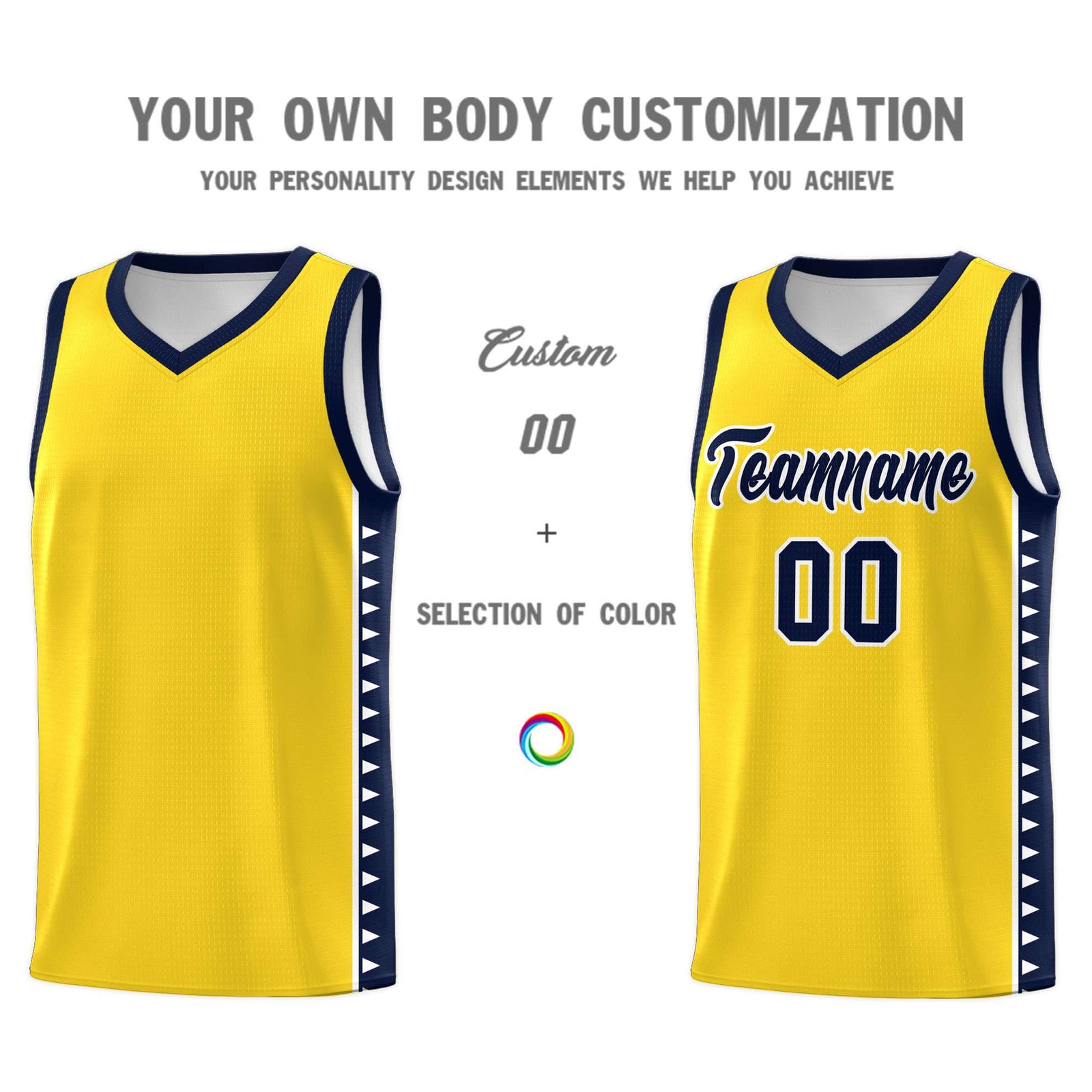 Custom Gold Navy Basketball Kits With Side Zigzag Pattern
