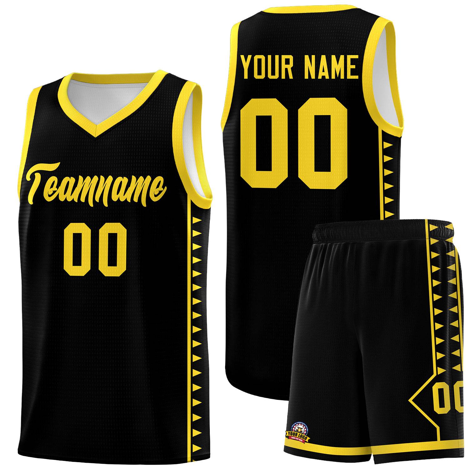 Custom Black Gold Basketball Kits With Side Zigzag Pattern