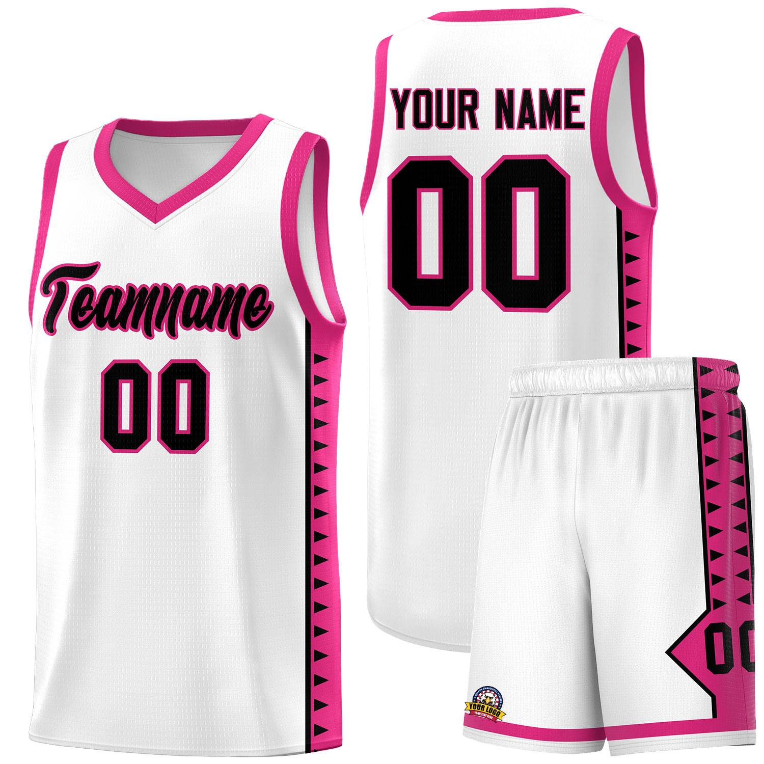 Custom White Rose Red Basketball Kits With Side Zigzag Pattern