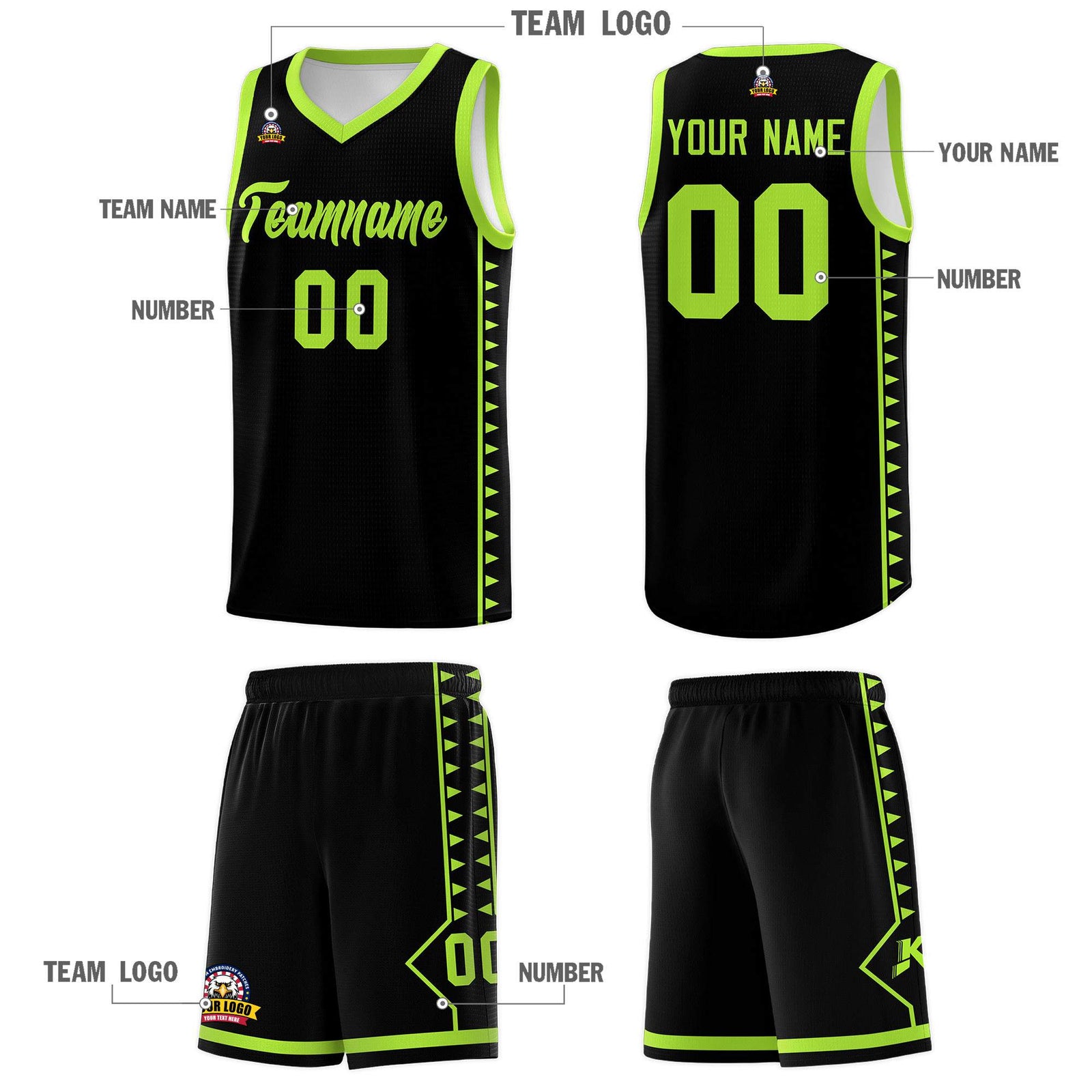 Custom Black Neon Green Basketball Kits With Side Zigzag Pattern