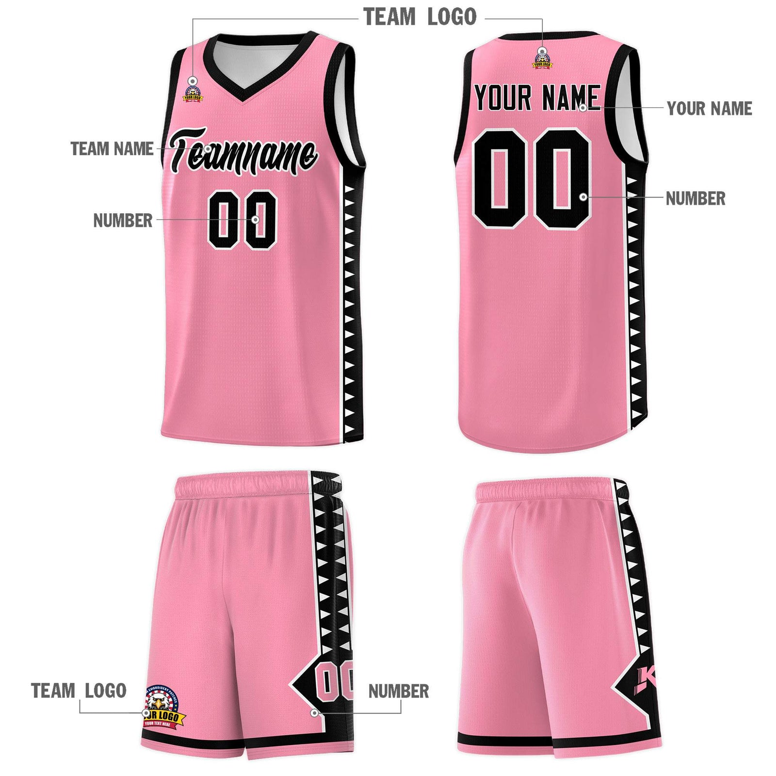 Custom Light Pink Black Basketball Kits With Side Zigzag Pattern