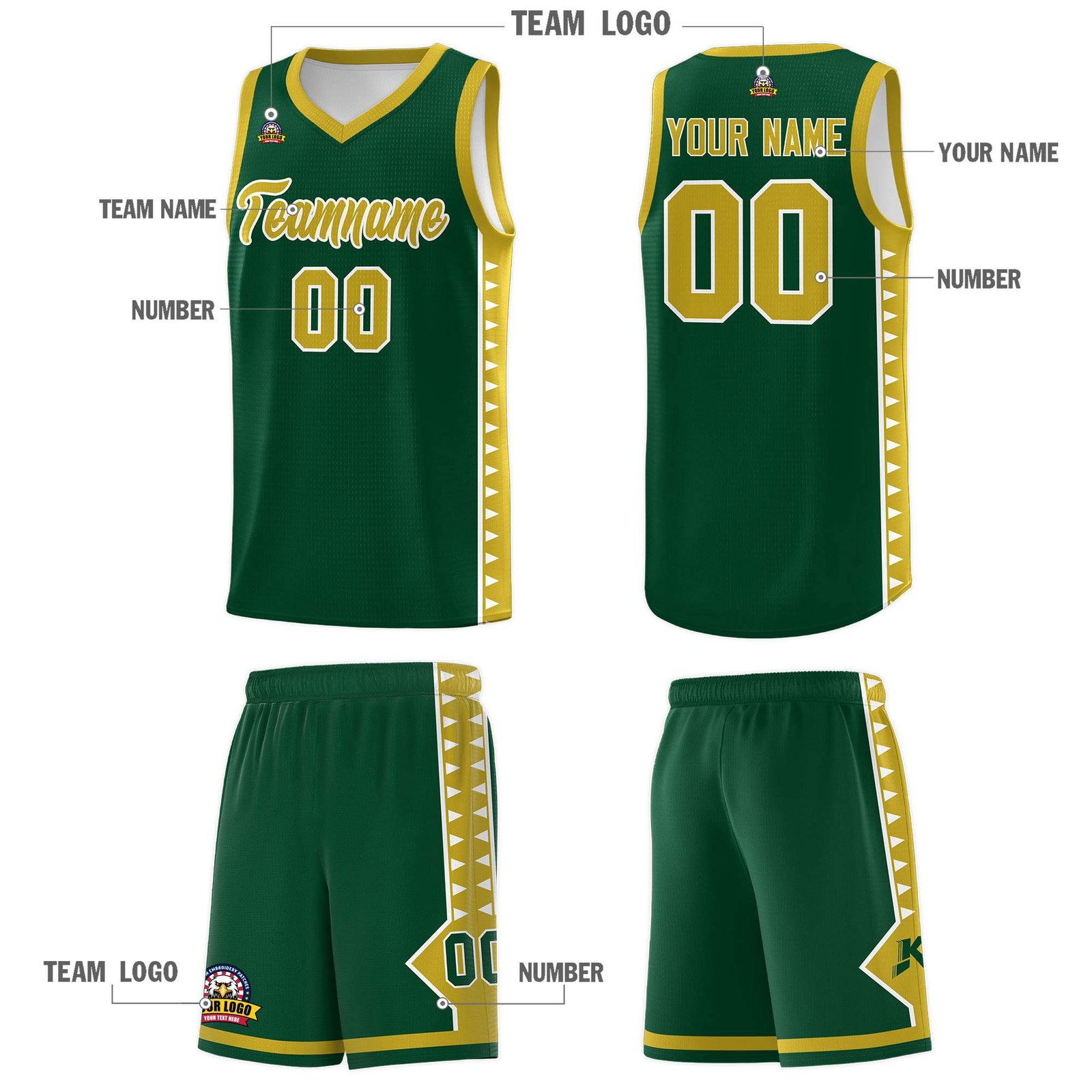 Custom Green Old Gold Basketball Kits With Side Zigzag Pattern