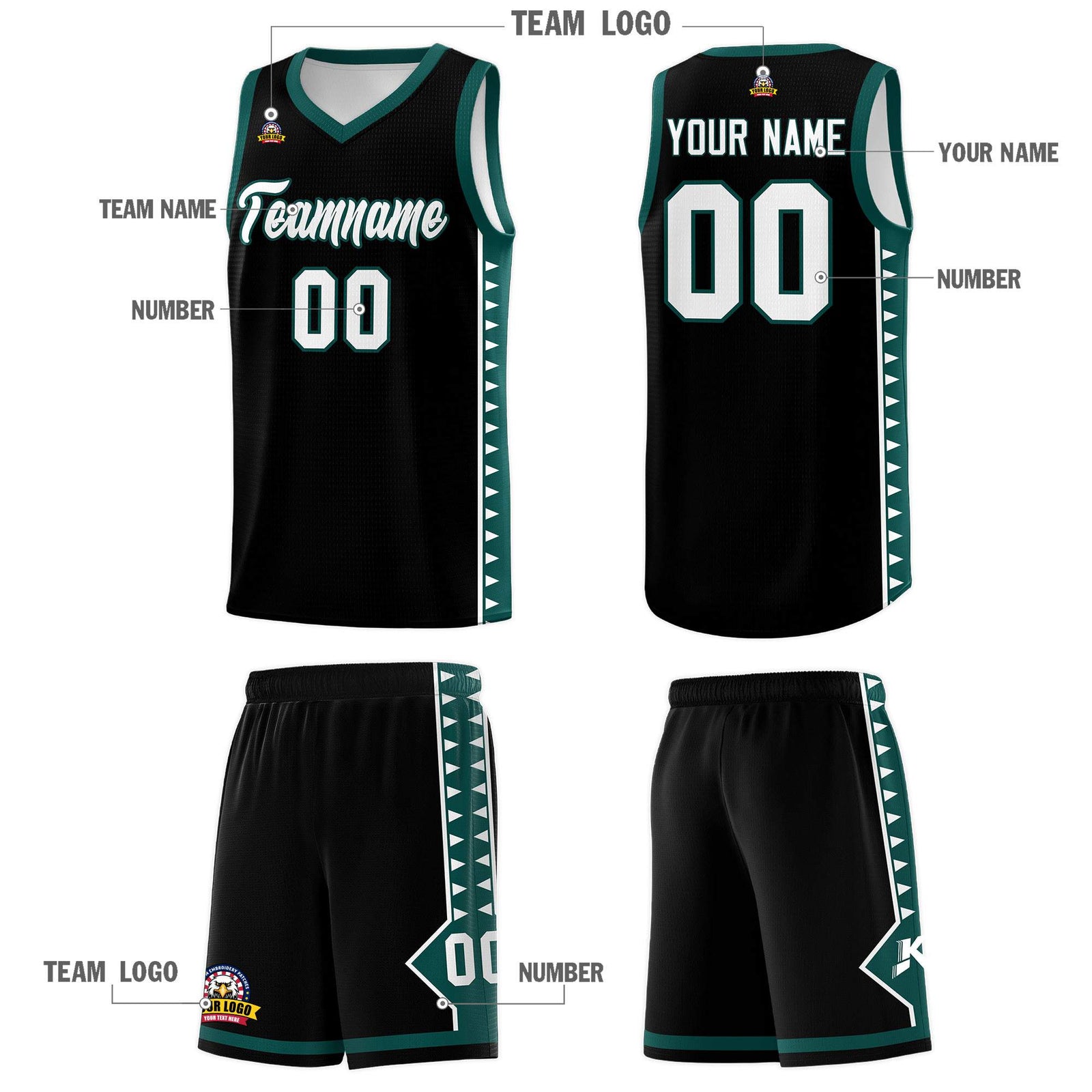 Custom Black Midnight Green Basketball Kits With Side Zigzag Pattern
