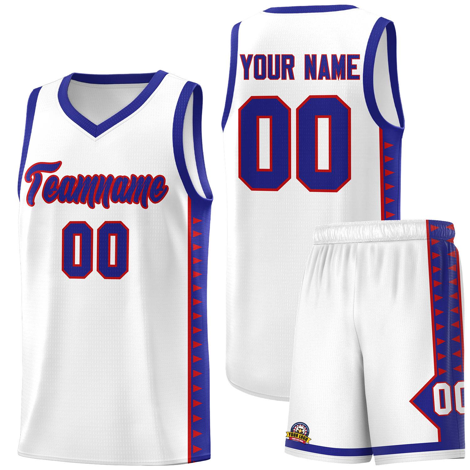 Custom White Royal Basketball Kits With Side Zigzag Pattern