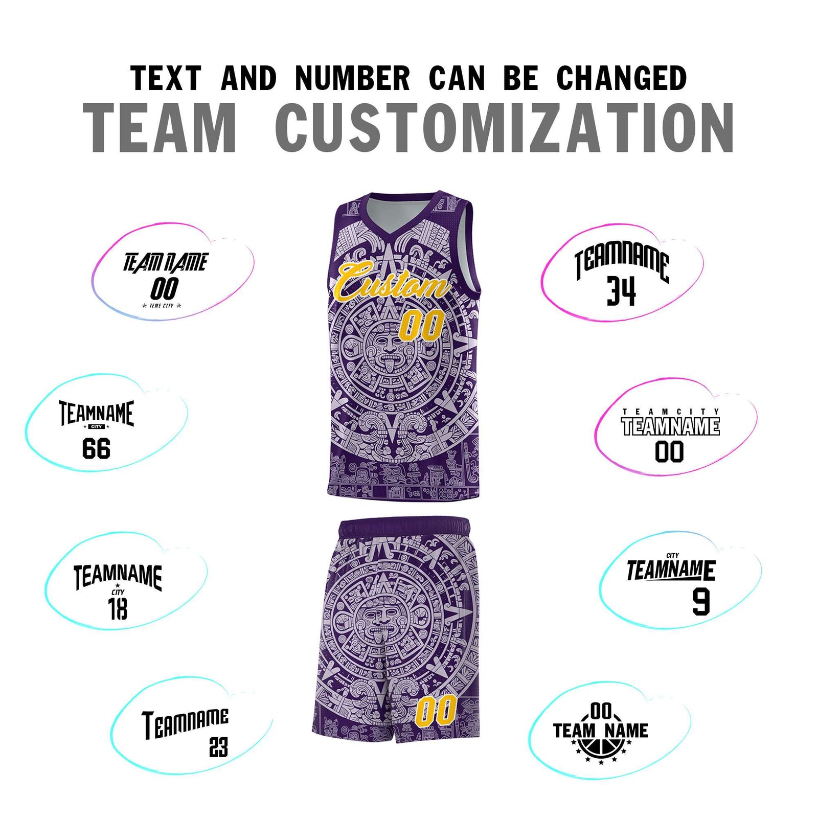 Custom Youth Basketball Jerseys Light Purple Aztec Sun Stone Pattern Custom Team Set