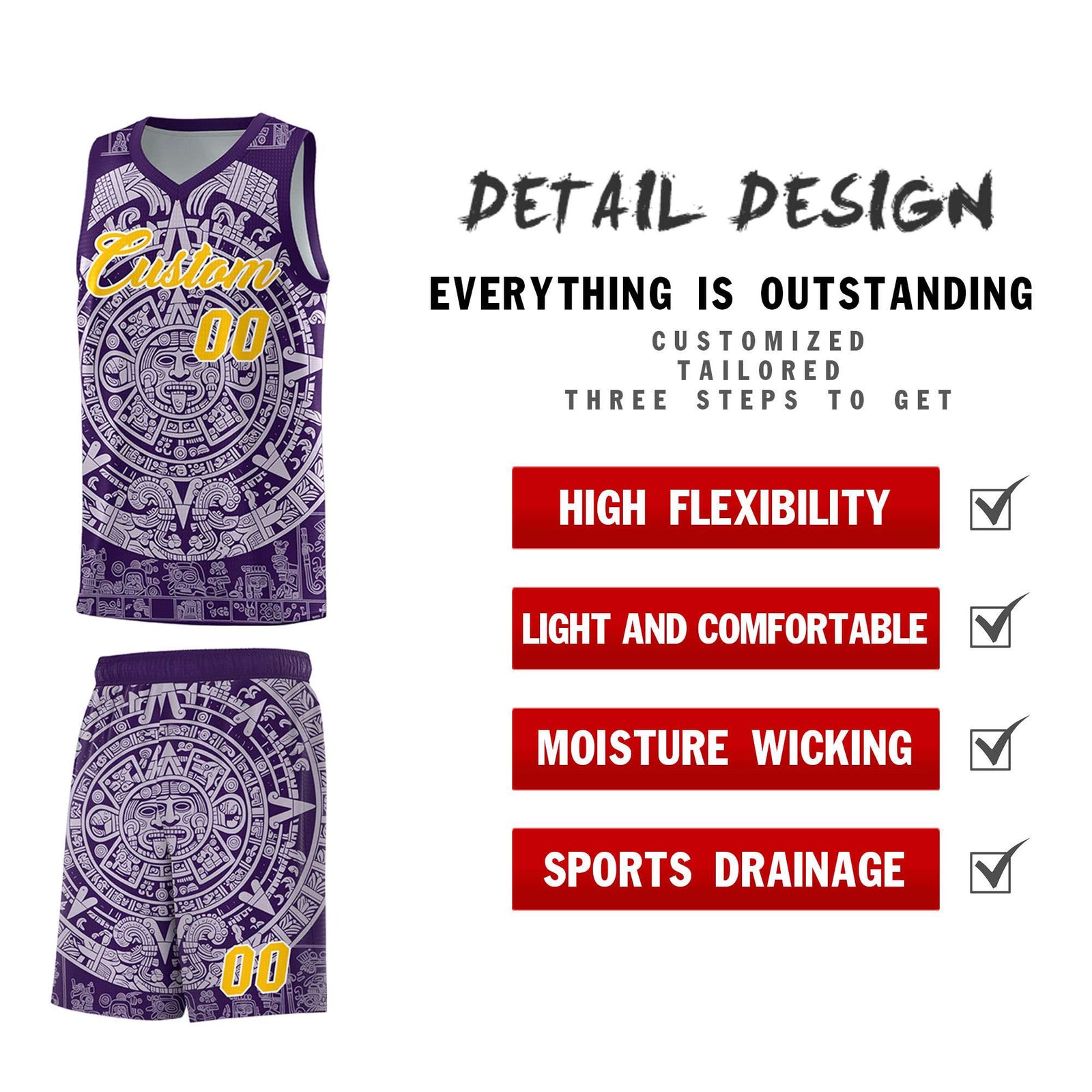 Custom Youth Basketball Jerseys Light Purple Aztec Sun Stone Pattern Custom Team Set