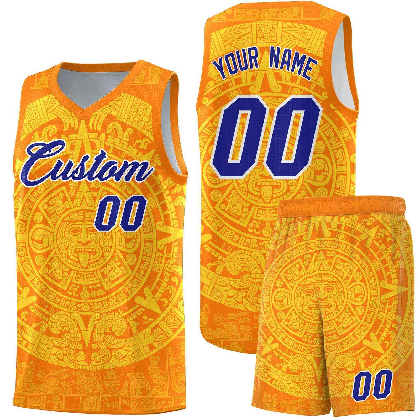 Custom Youth Basketball Jerseys Gold Aztec Sun Stone Design Team Uniform