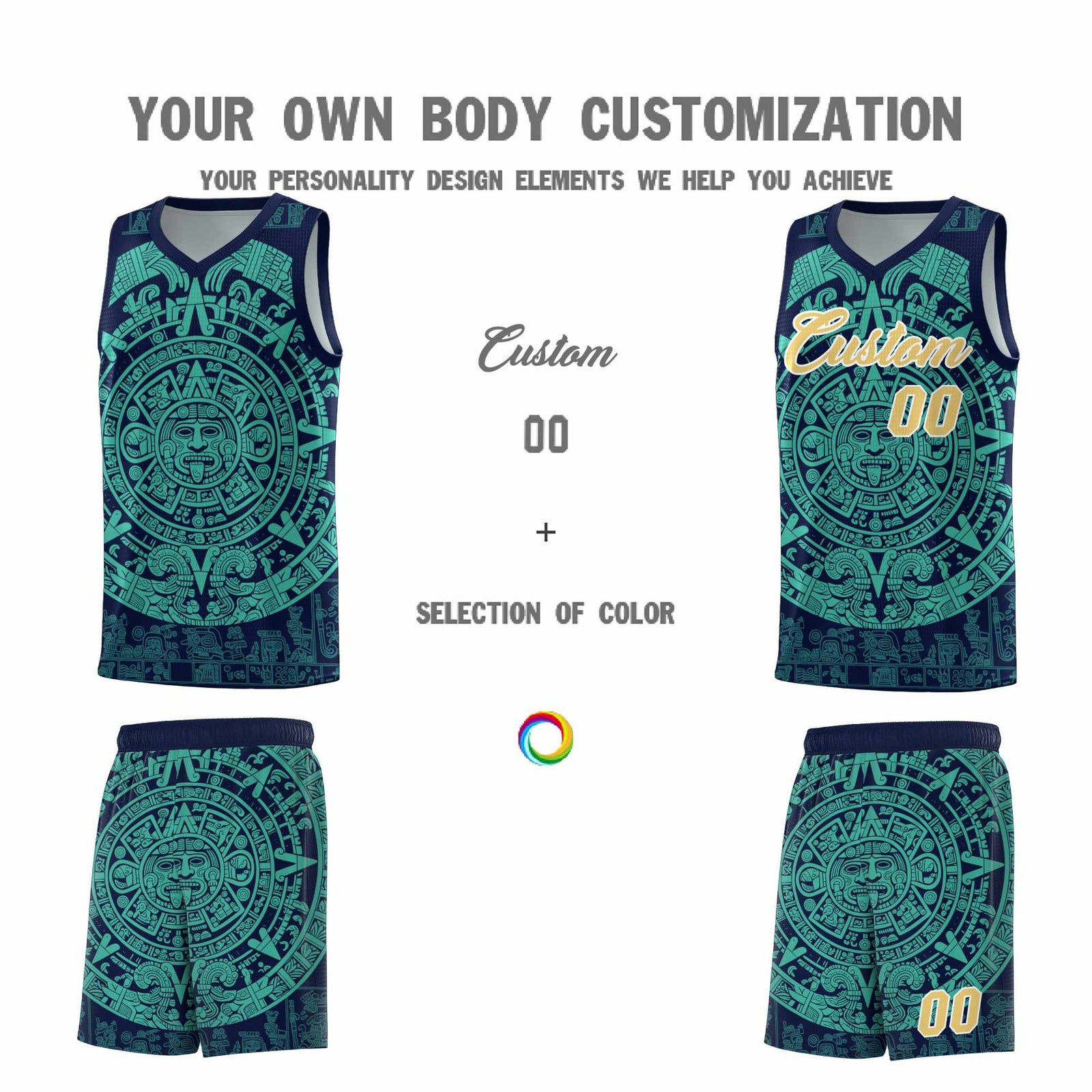 Custom Youth Basketball Jerseys Aqua Aztec Sun Stone Personalized Uniform