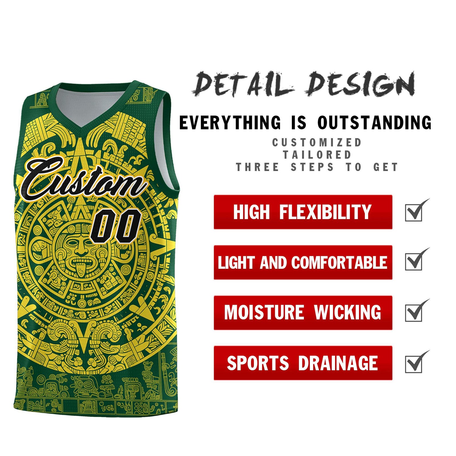 Custom Youth Basketball Jerseys Gold Aztec Sun Stone Personalized Uniform