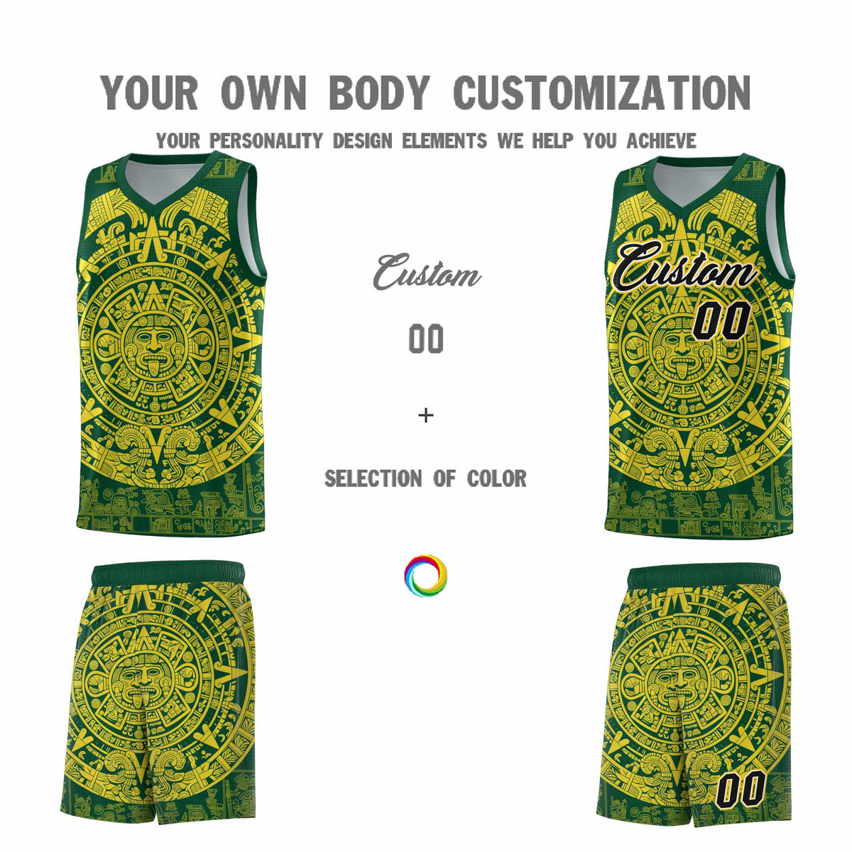 Custom Youth Basketball Jerseys Gold Aztec Sun Stone Personalized Uniform