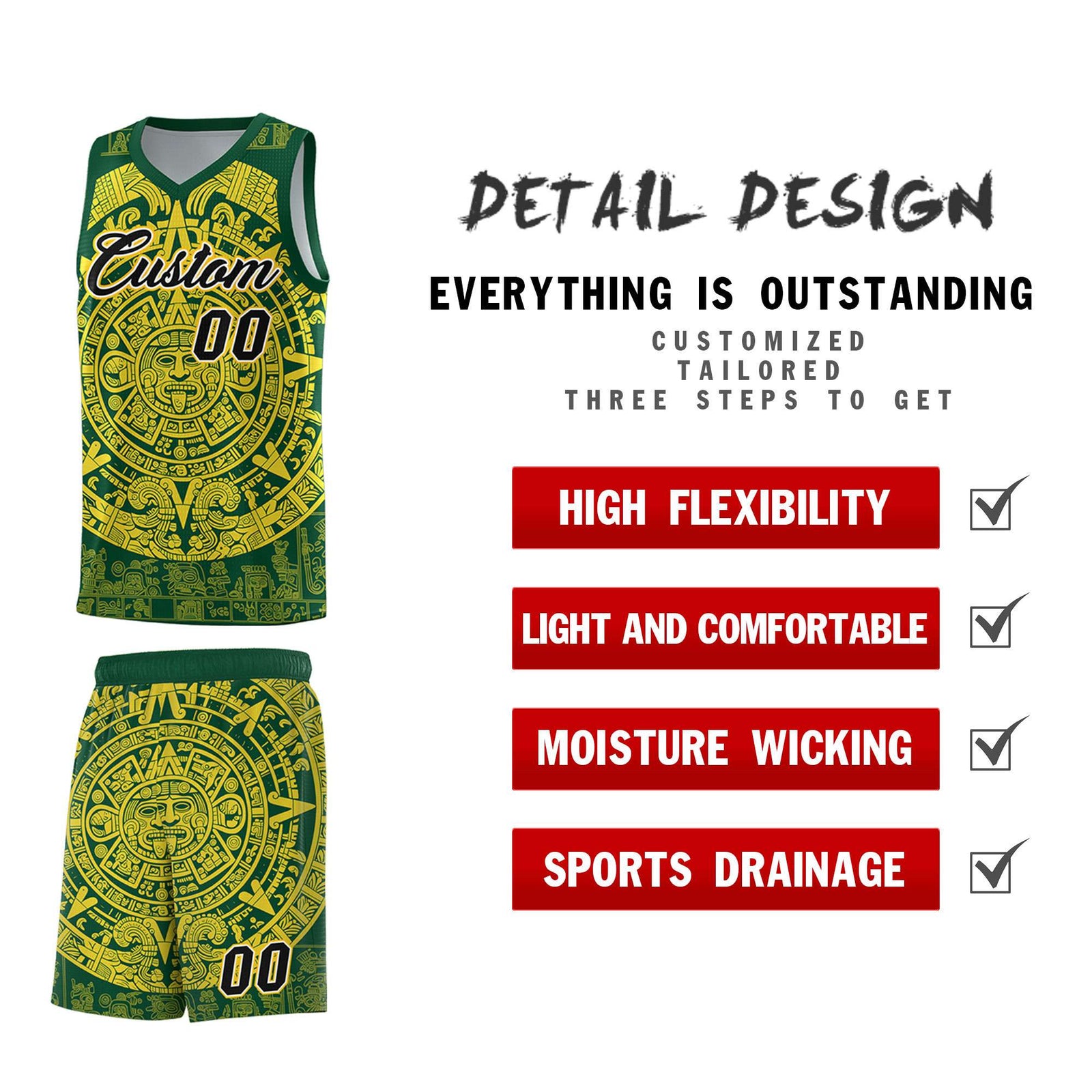 Custom Youth Basketball Jerseys Gold Aztec Sun Stone Personalized Uniform