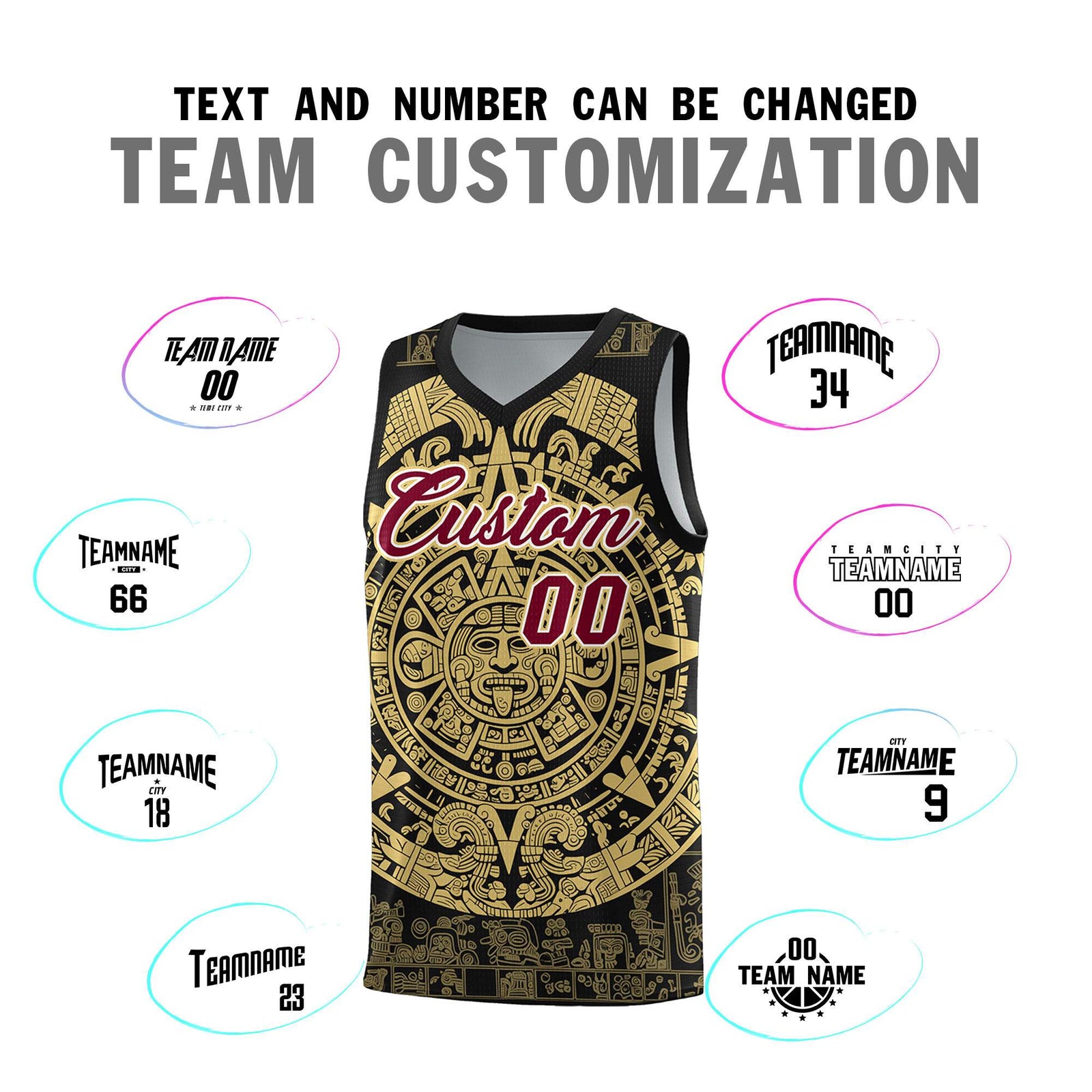 Custom Youth Basketball Jerseys Old Gold Aztec Sun Stone Pattern Custom Team Set