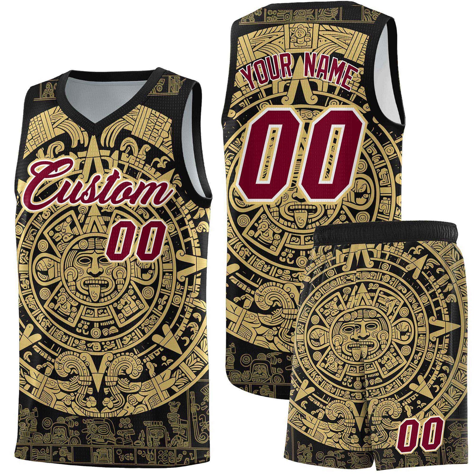 Custom Youth Basketball Jerseys Old Gold Aztec Sun Stone Pattern Custom Team Set