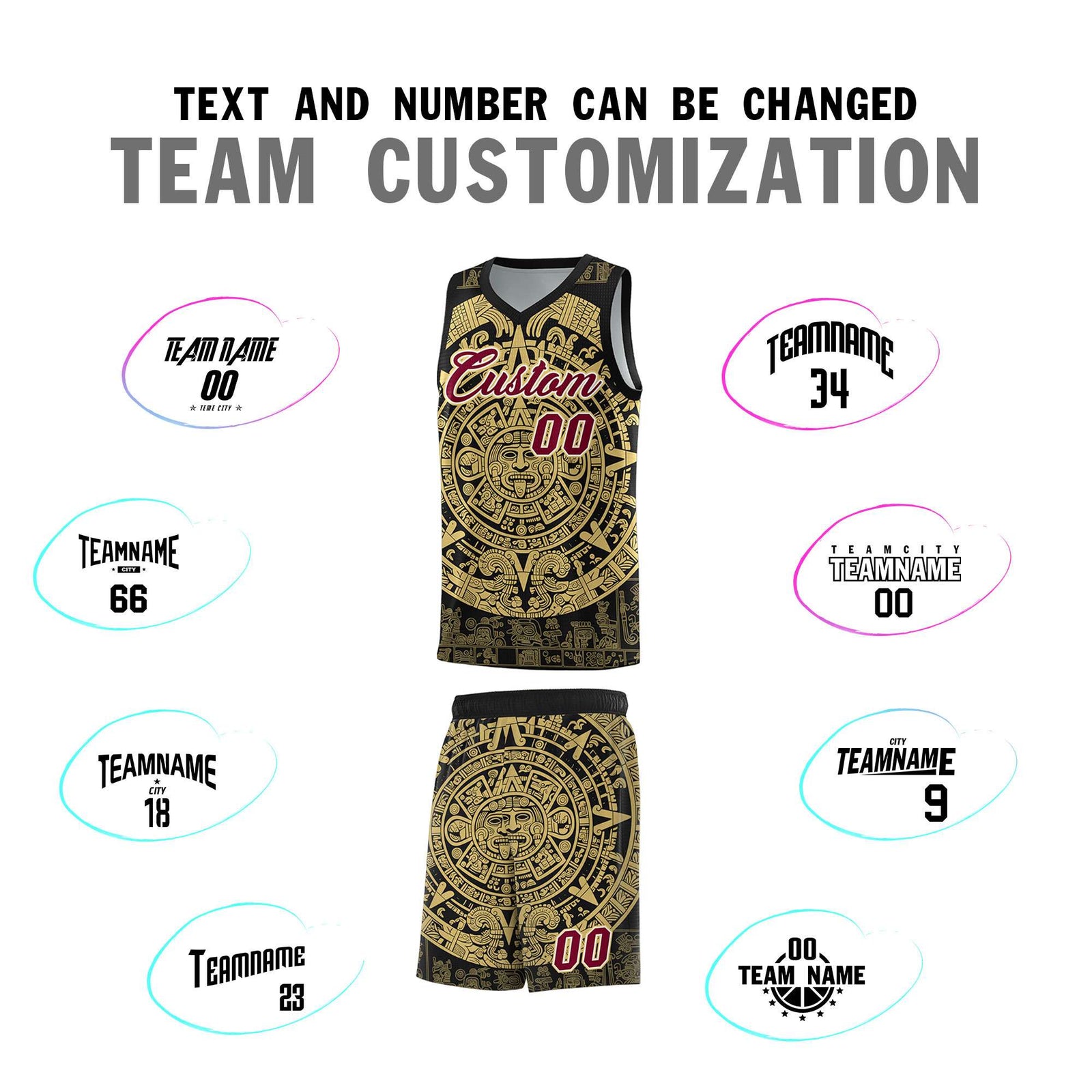 Custom Youth Basketball Jerseys Old Gold Aztec Sun Stone Pattern Custom Team Set