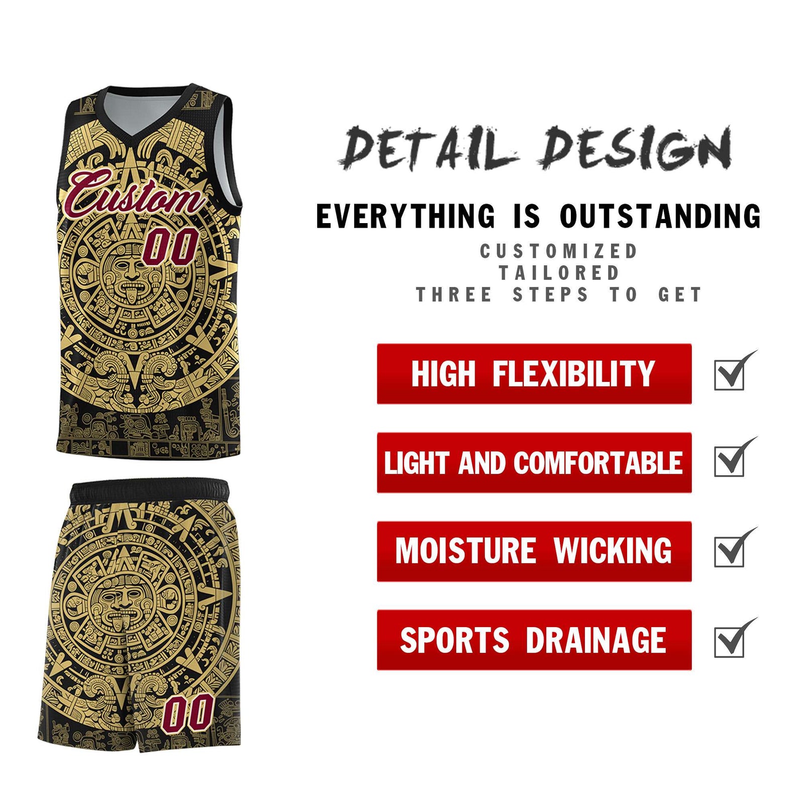 Custom Youth Basketball Jerseys Old Gold Aztec Sun Stone Pattern Custom Team Set